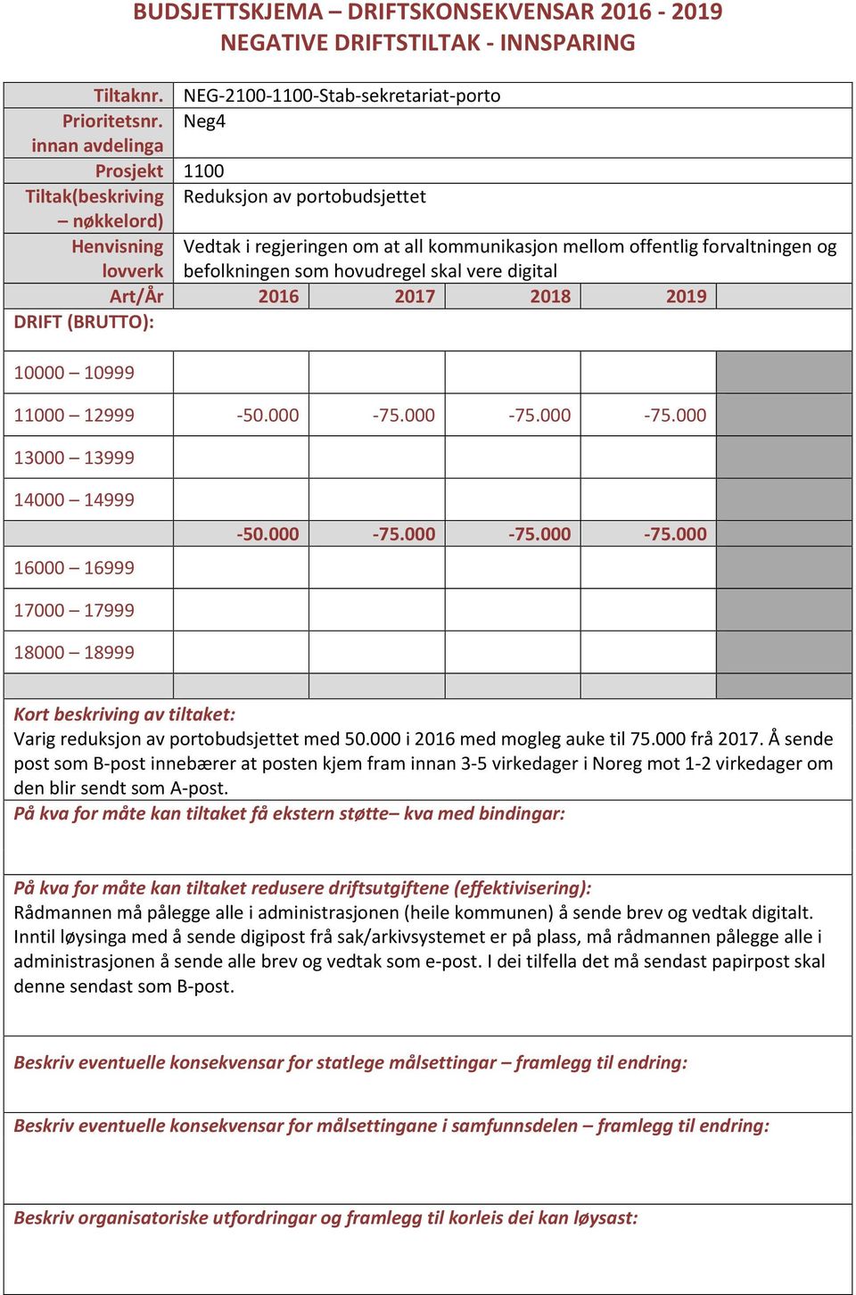 10999-50.000-75.000-75.000-75.000-50.000-75.000-75.000-75.000 Varig reduksjon av portobudsjettet med 50.000 i 2016 med mogleg auke til 75.000 frå 2017.