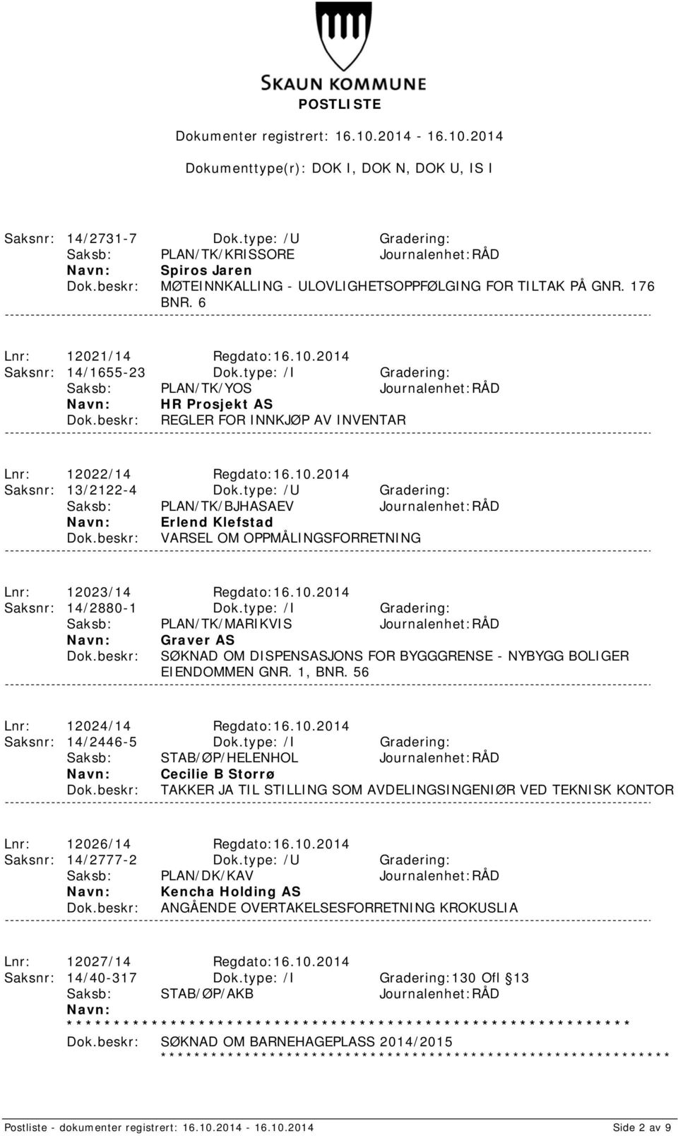 type: /U Gradering: Saksb: PLAN/TK/BJHASAEV Journalenhet:RÅD Erlend Klefstad VARSEL OM OPPMÅLINGSFORRETNING Lnr: 12023/14 Regdato:16.10.2014 Saksnr: 14/2880-1 Dok.