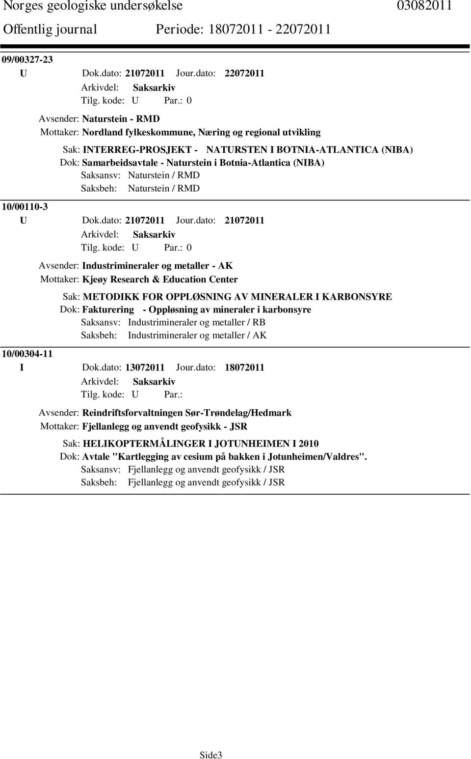 Naturstein i Botnia-Atlantica (NIBA) Saksansv: Naturstein / RMD Saksbeh: Naturstein / RMD 10/00110-3 Avsender: Industrimineraler og metaller - AK Mottaker: Kjeøy Research & Education Center Sak: