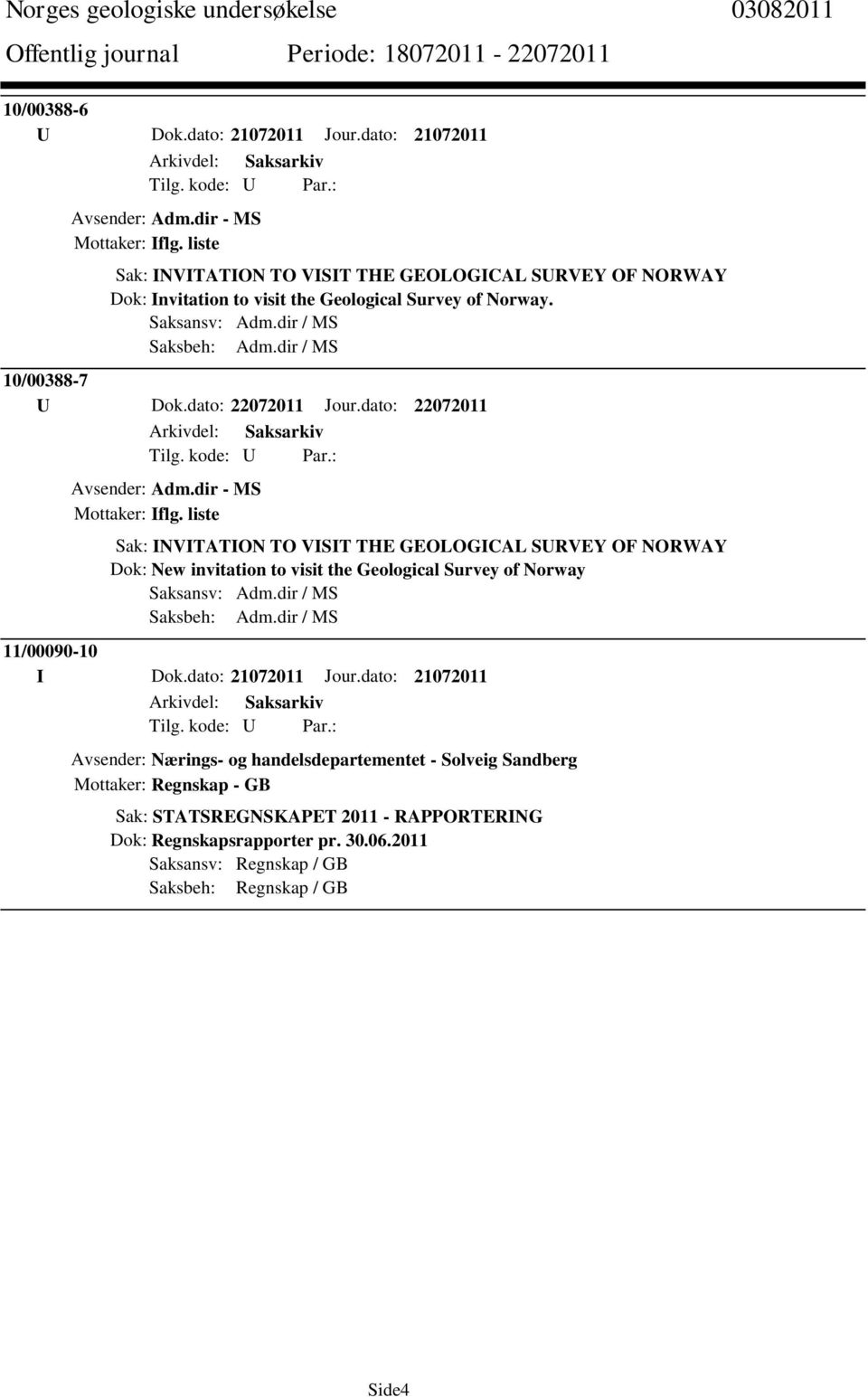 liste Sak: INVITATION TO VISIT THE GEOLOGICAL SURVEY OF NORWAY Dok: New invitation to visit the Geological Survey of Norway Saksansv: Adm.dir / MS Saksbeh: Adm.dir / MS 11/00090-10 I Dok.