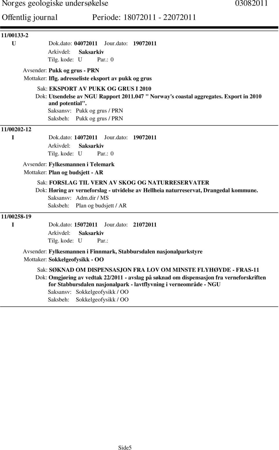 Saksansv: Pukk og grus / PRN Saksbeh: Pukk og grus / PRN 11/00202-12 I Dok.dato: 14072011 Jour.