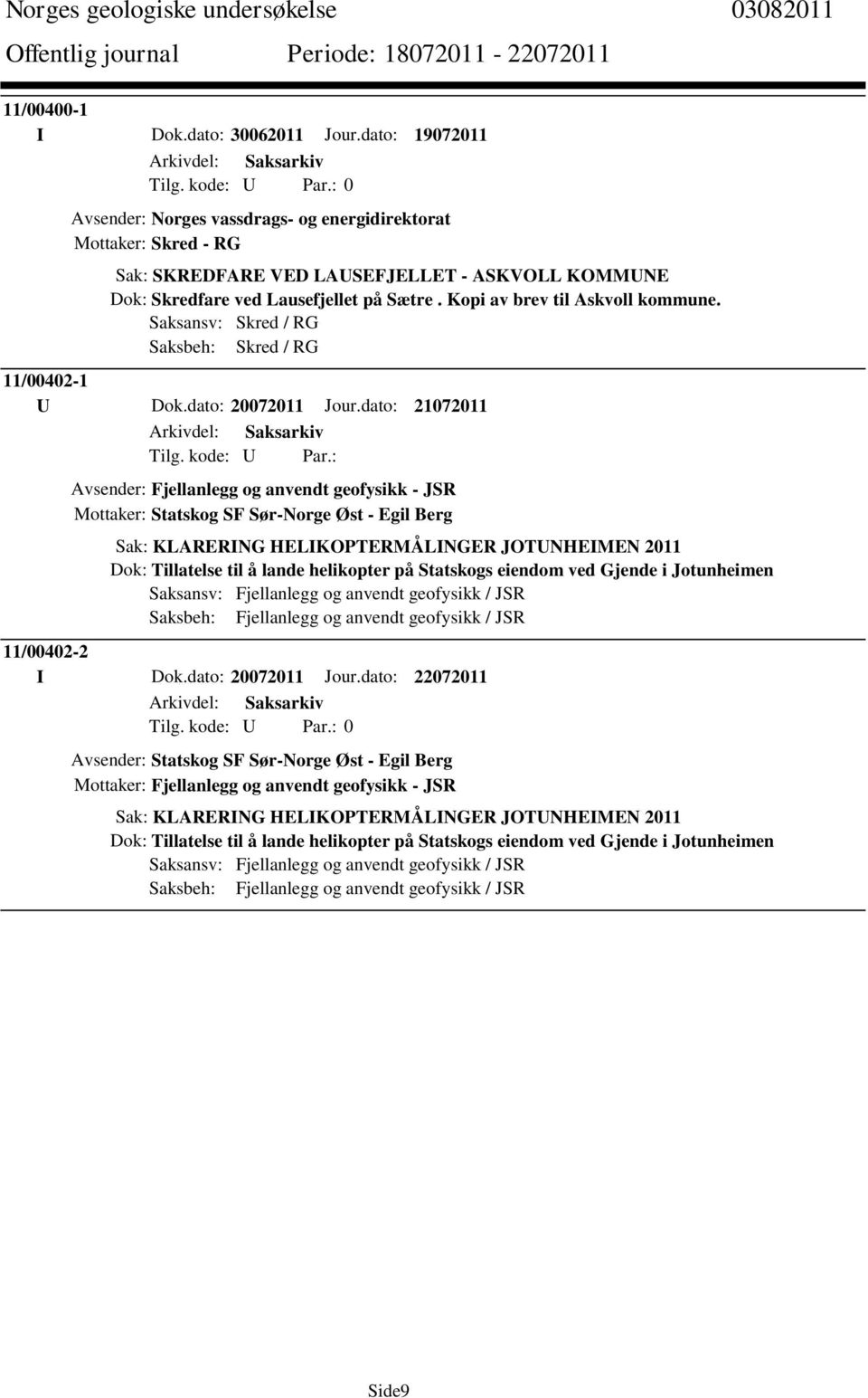 Kopi av brev til Askvoll kommune. Saksansv: Skred / RG Saksbeh: Skred / RG 11/00402-1 U Dok.dato: 20072011 Jour.