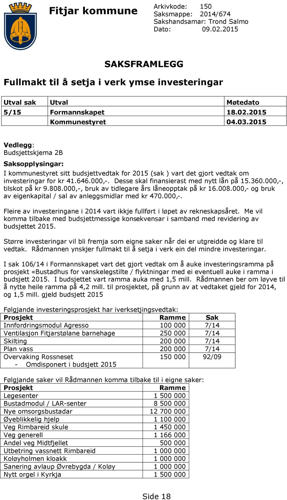 2015 Vedlegg: Budsjettskjema 2B Saksopplysingar: I kommunestyret sitt budsjettvedtak for 2015 (sak ) vart det gjort vedtak om investeringar for kr 41.646.000,-.