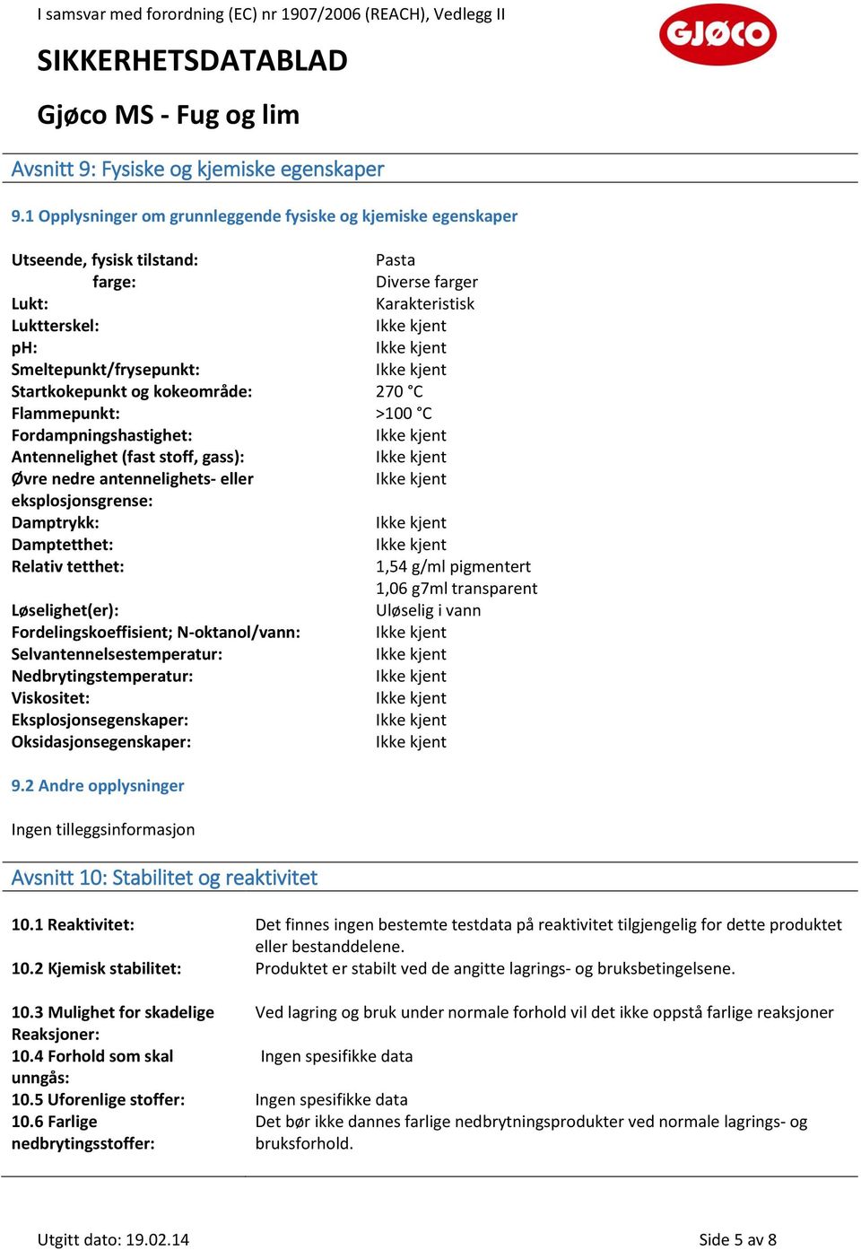 kokeområde: 270 C Flammepunkt: >100 C Fordampningshastighet: Antennelighet (fast stoff, gass): Øvre nedre antennelighets- eller eksplosjonsgrense: Damptrykk: Damptetthet: Relativ tetthet: 1,54 g/ml