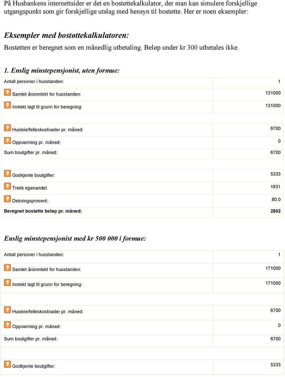 Enslig minstepensjonist, uten formue: Antall personer i husstanden: 1 Samlet årsinntekt for husstanden: 131000 Inntekt lagt til grunn for beregning: 131000 Husleie/felleskostnader pr.