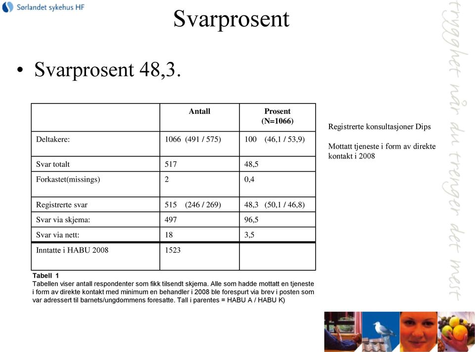 Dips Mottatt tjeneste i form av direkte kontakt i 2008 Registrerte svar 515 (246 / 269) 48,3 (50,1 / 46,8) Svar via skjema: 497 96,5 Svar via nett: 18 3,5