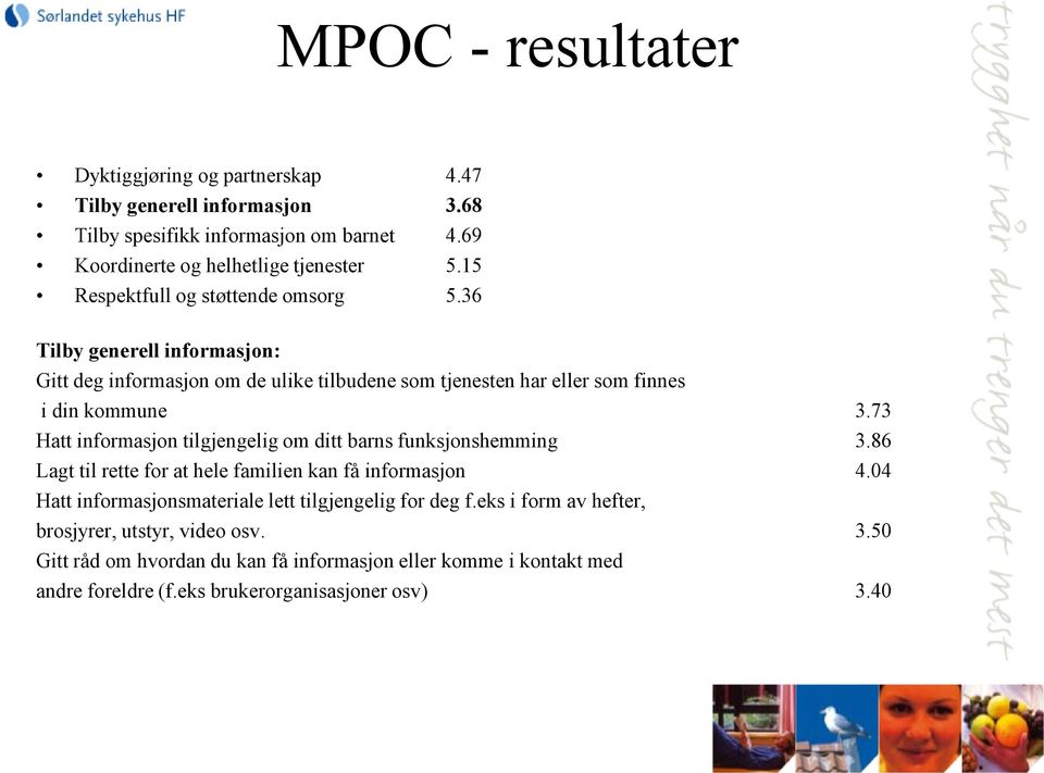 73 Hatt informasjon tilgjengelig om ditt barns funksjonshemming 3.86 Lagt til rette for at hele familien kan få informasjon 4.