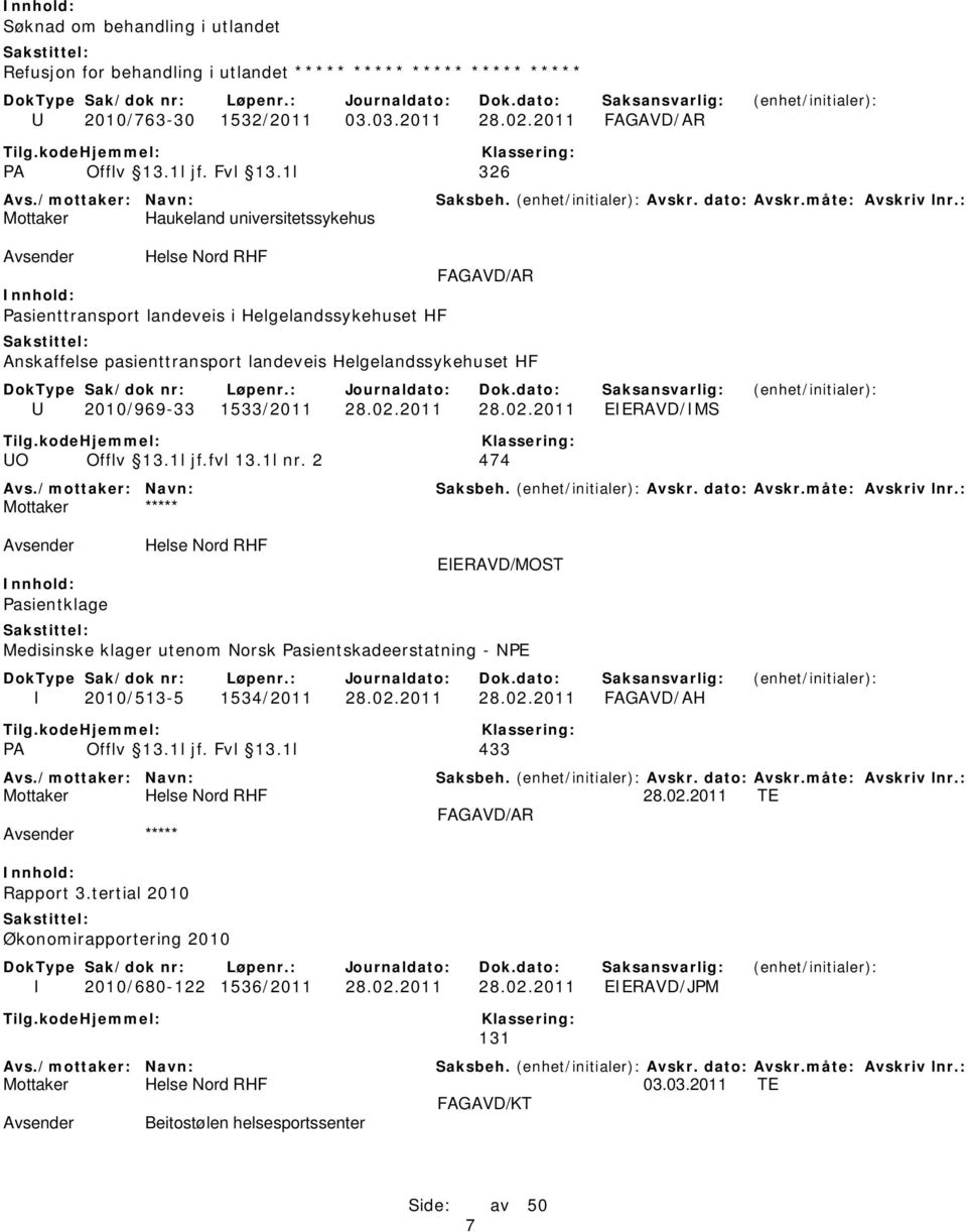 2011 28.02.2011 EIERAVD/IMS UO Offlv 13.1l jf.fvl 13.1l nr. 2 474 ***** Pasientklage Medisinske klager utenom Norsk Pasientskadeerstatning - NPE I 2010/513-5 1534/2011 28.02.2011 28.02.2011 FAGAVD/AH PA Offlv 13.