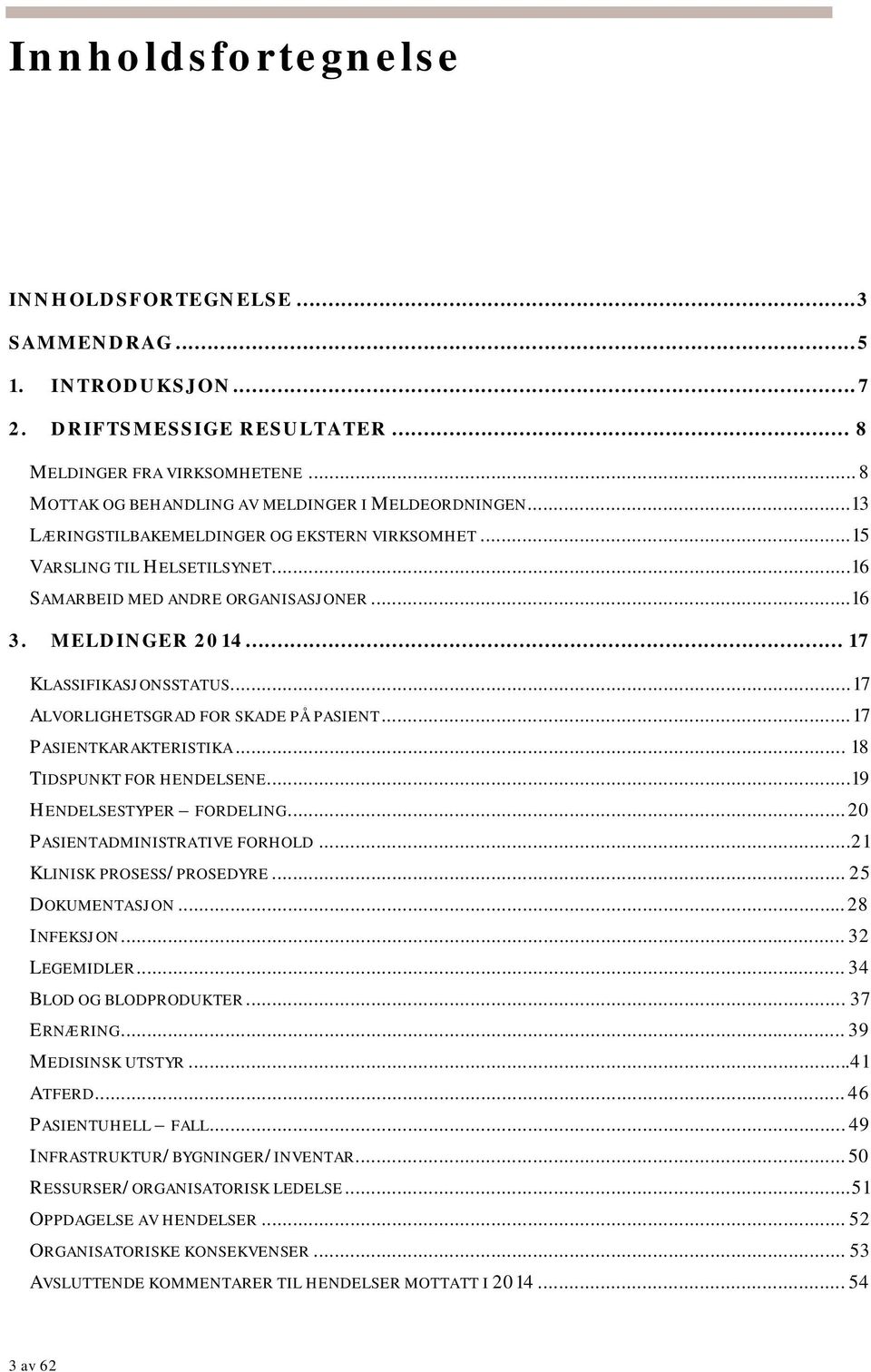 .. 17 ALVORLIGHETSGRAD FOR SKADE PÅ PASIENT... 17 PASIENTKARAKTERISTIKA... 18 TIDSPUNKT FOR HENDELSENE... 19 HENDELSESTYPER FORDELING... 20 PASIENTADMINISTRATIVE FORHOLD... 21 KLINISK PROSESS/PROSEDYRE.