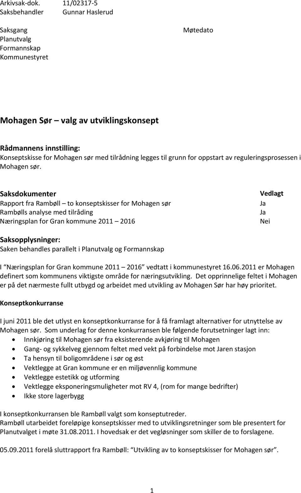 tilrådning legges til grunn for oppstart av reguleringsprosessen i Mohagen sør.