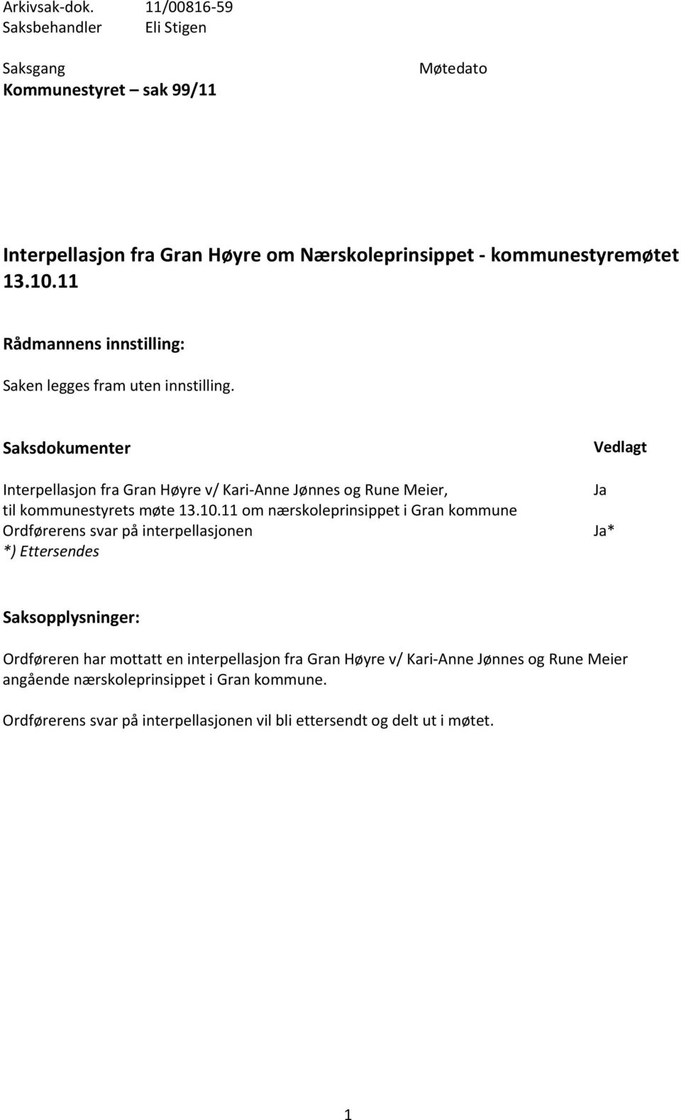 Saksdokumenter Interpellasjon fra Gran Høyre v/ Kari Anne Jønnes og Rune Meier, til kommunestyrets møte 13.10.