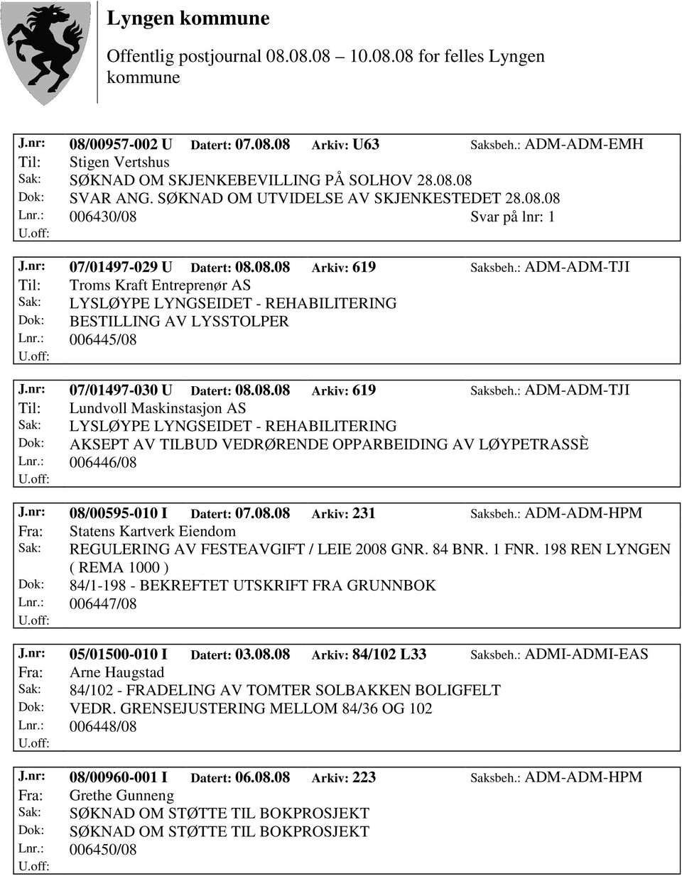 nr: 07/01497-030 U Datert: 08.08.08 Arkiv: 619 Saksbeh.: ADM-ADM-TJI Til: Lundvoll Maskinstasjon AS Dok: AKSEPT AV TILBUD VEDRØRENDE OPPARBEIDING AV LØYPETRASSÈ Lnr.: 006446/08 J.