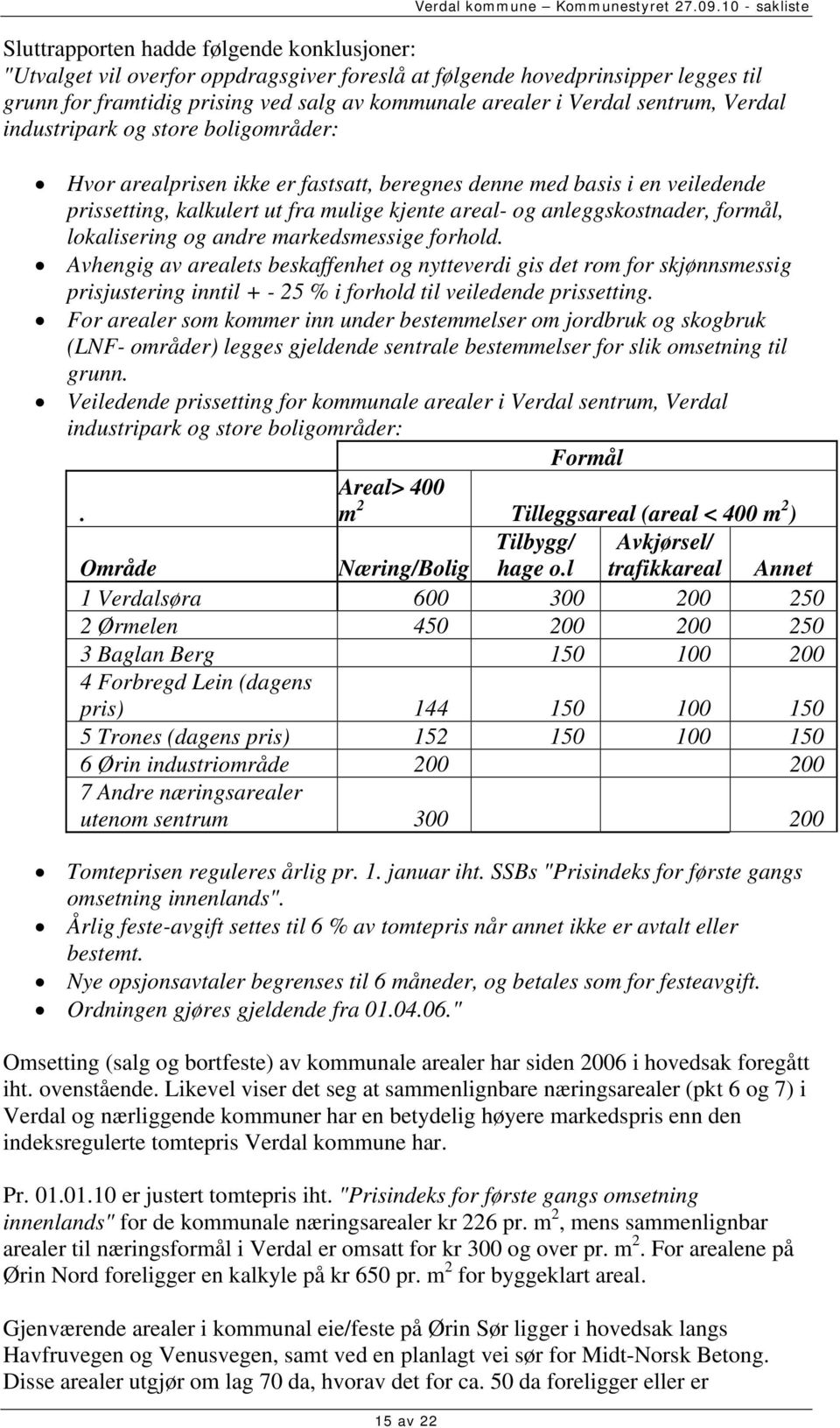 i Verdal sentrum, Verdal industripark og store boligområder: Hvor arealprisen ikke er fastsatt, beregnes denne med basis i en veiledende prissetting, kalkulert ut fra mulige kjente areal- og