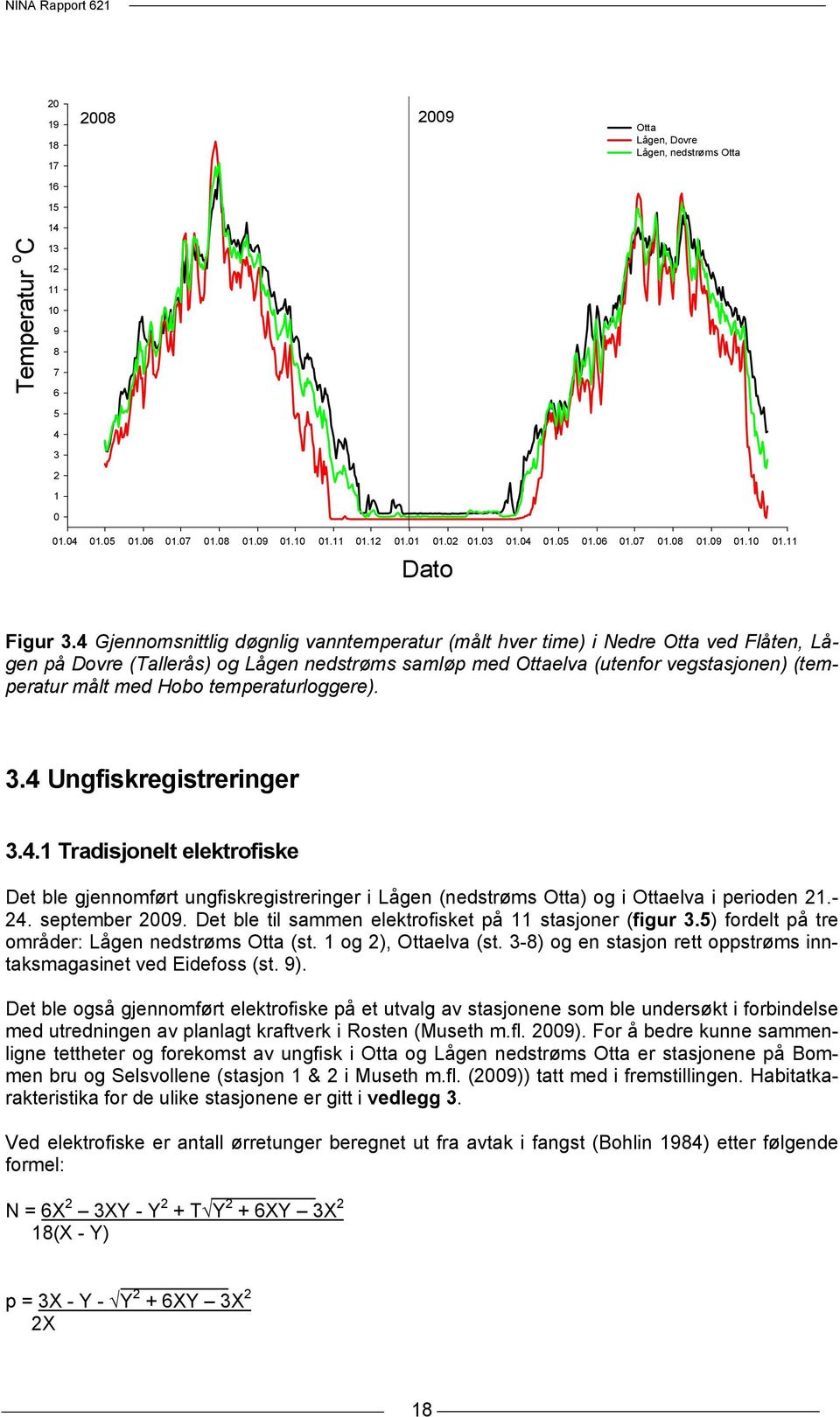 temperaturloggere). 3.4 Ungfiskregistreringer 3.4.1 Tradisjonelt elektrofiske Det ble gjennomført ungfiskregistreringer i Lågen (nedstrøms Otta) og i Ottaelva i perioden 21.- 24. september 2009.