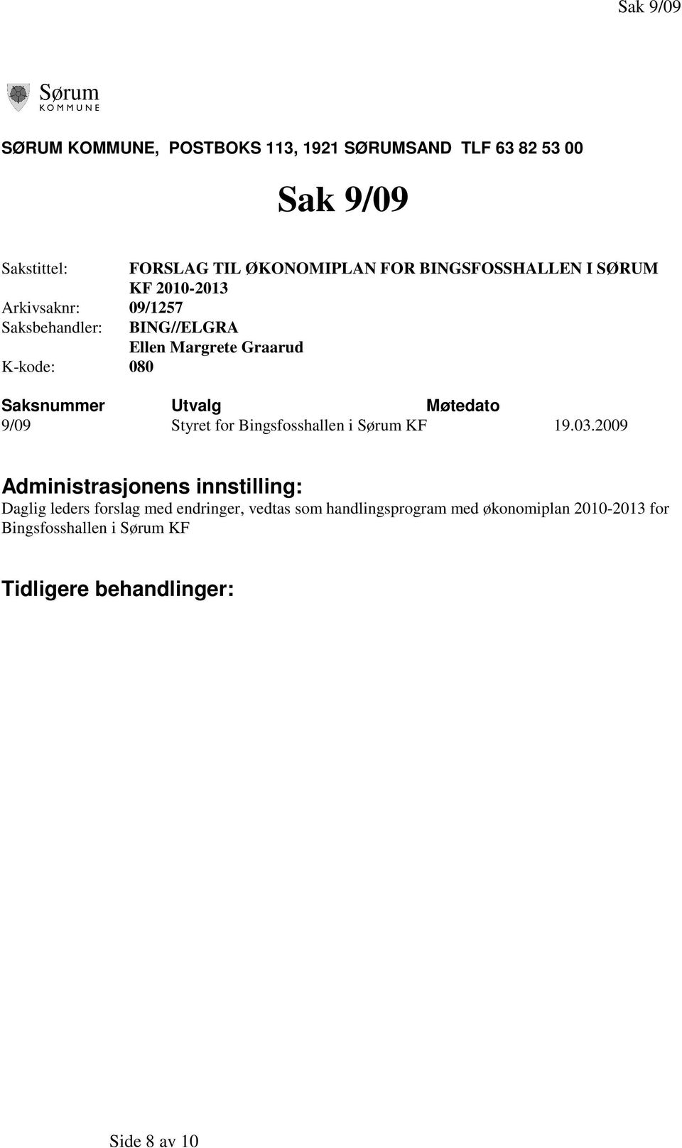 Saksnummer Utvalg Møtedato 9/09 Styret for Bingsfosshallen i Sørum KF 19.03.