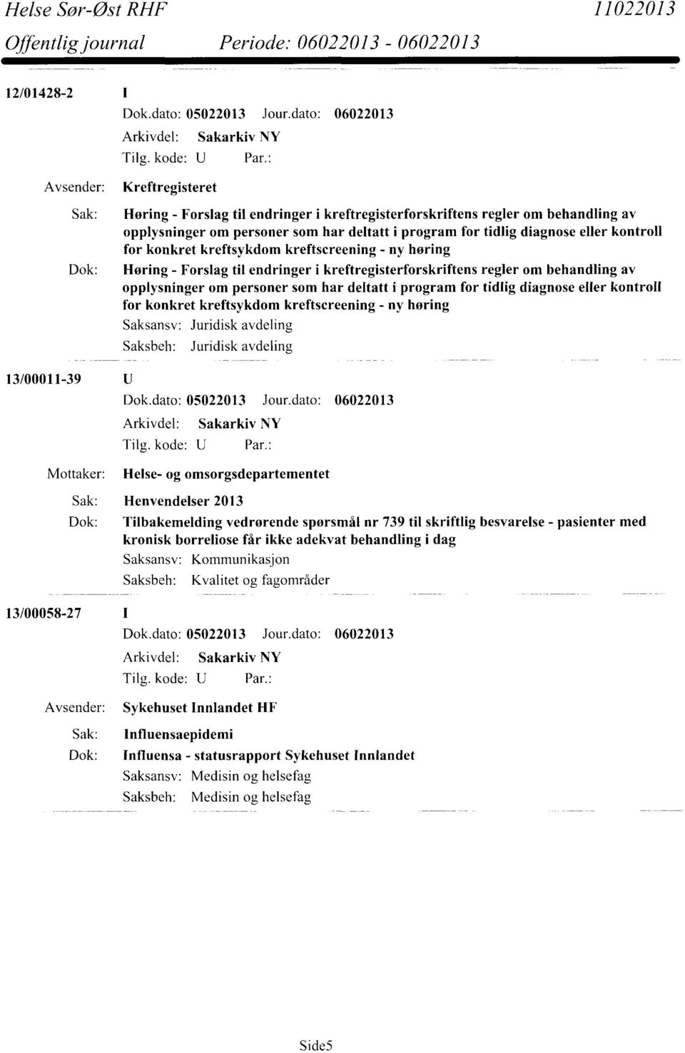 behandling av opplysninger om personer som har deltatt i program for tidlig diagnose eller kontroll for konkret kreftsykdom kreftscreening - ny høring Saksansv: Juridisk avdeling Saksbeh: Juridisk