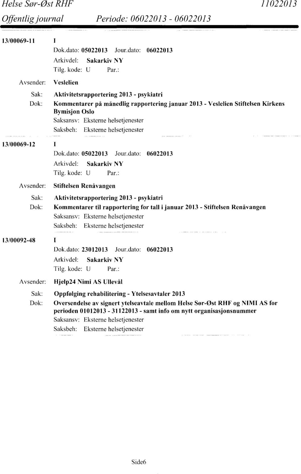 rapportering for tall i januar 2013 - Stiftelsen Renåvangen 13/00092-48 Dok.dato: 23012013 Jour.