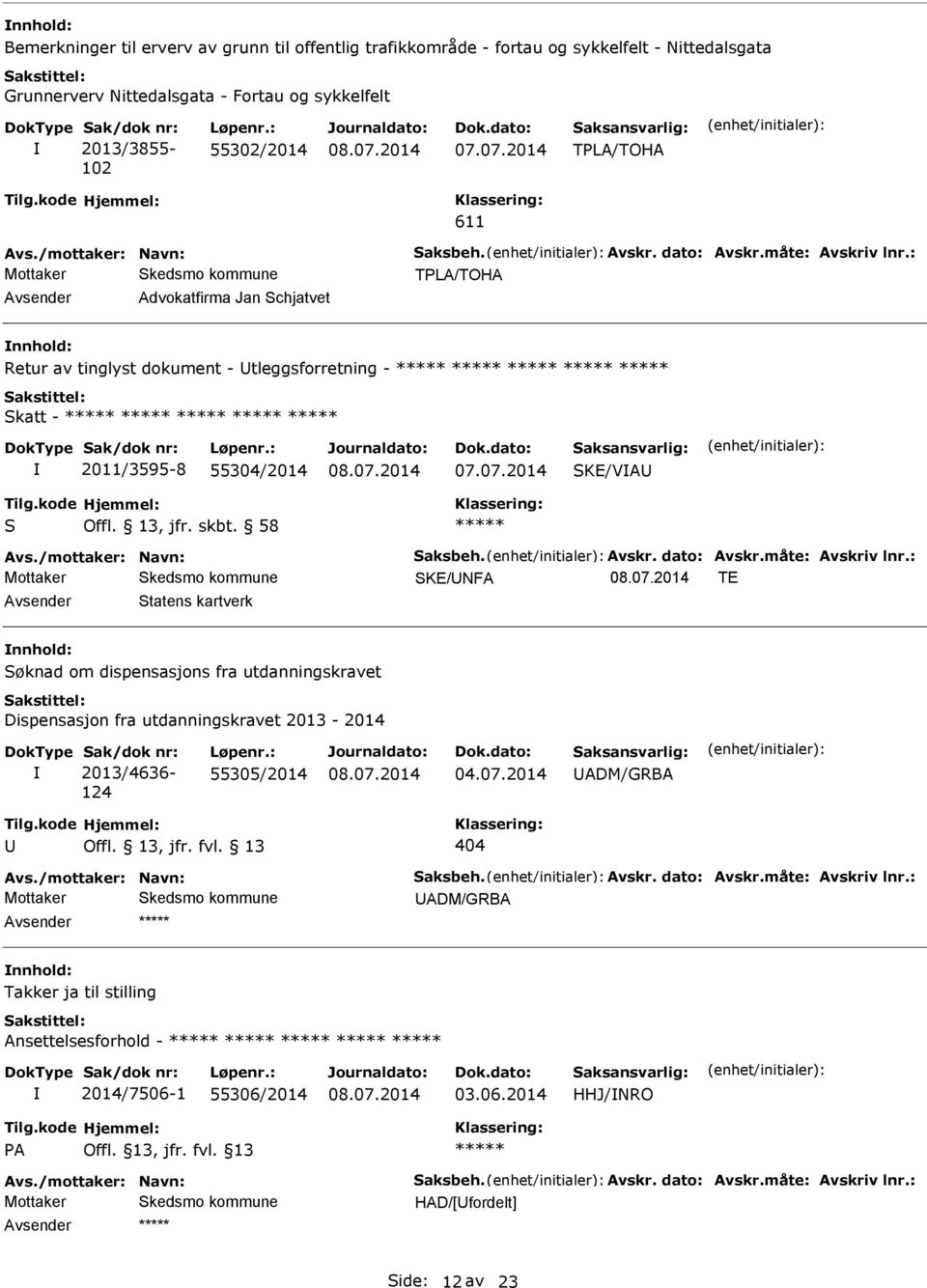 13, jfr. skbt. 58 SKE/NF TE vsender Statens kartverk nnhold: Søknad om dispensasjons fra utdanningskravet Dispensasjon fra utdanningskravet 2013-2014 Sak/dok nr: 2013/4636-124 Løpenr.