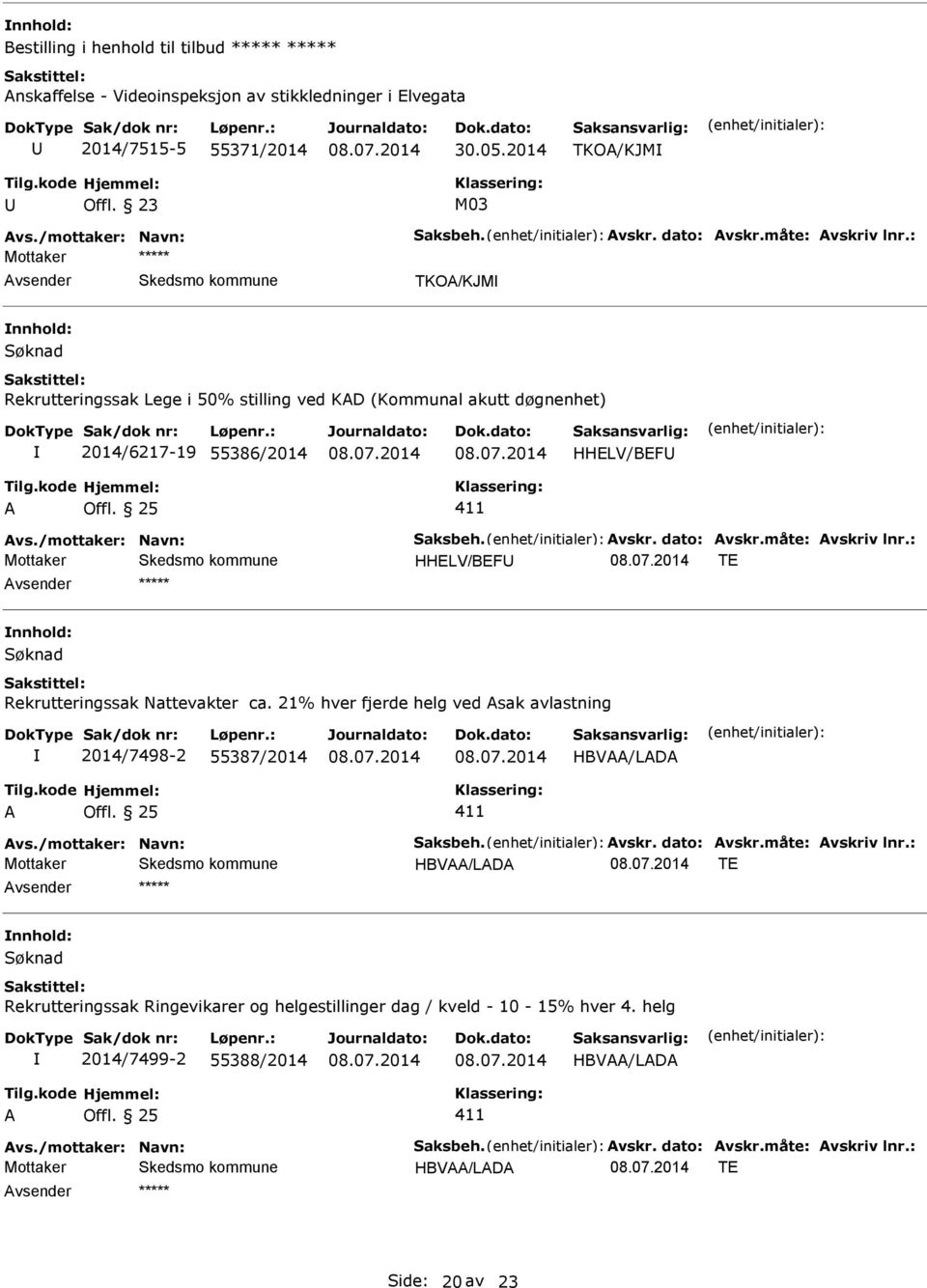 55386/2014 HHELV/BEF HHELV/BEF TE nnhold: Søknad Rekrutteringssak Nattevakter ca.