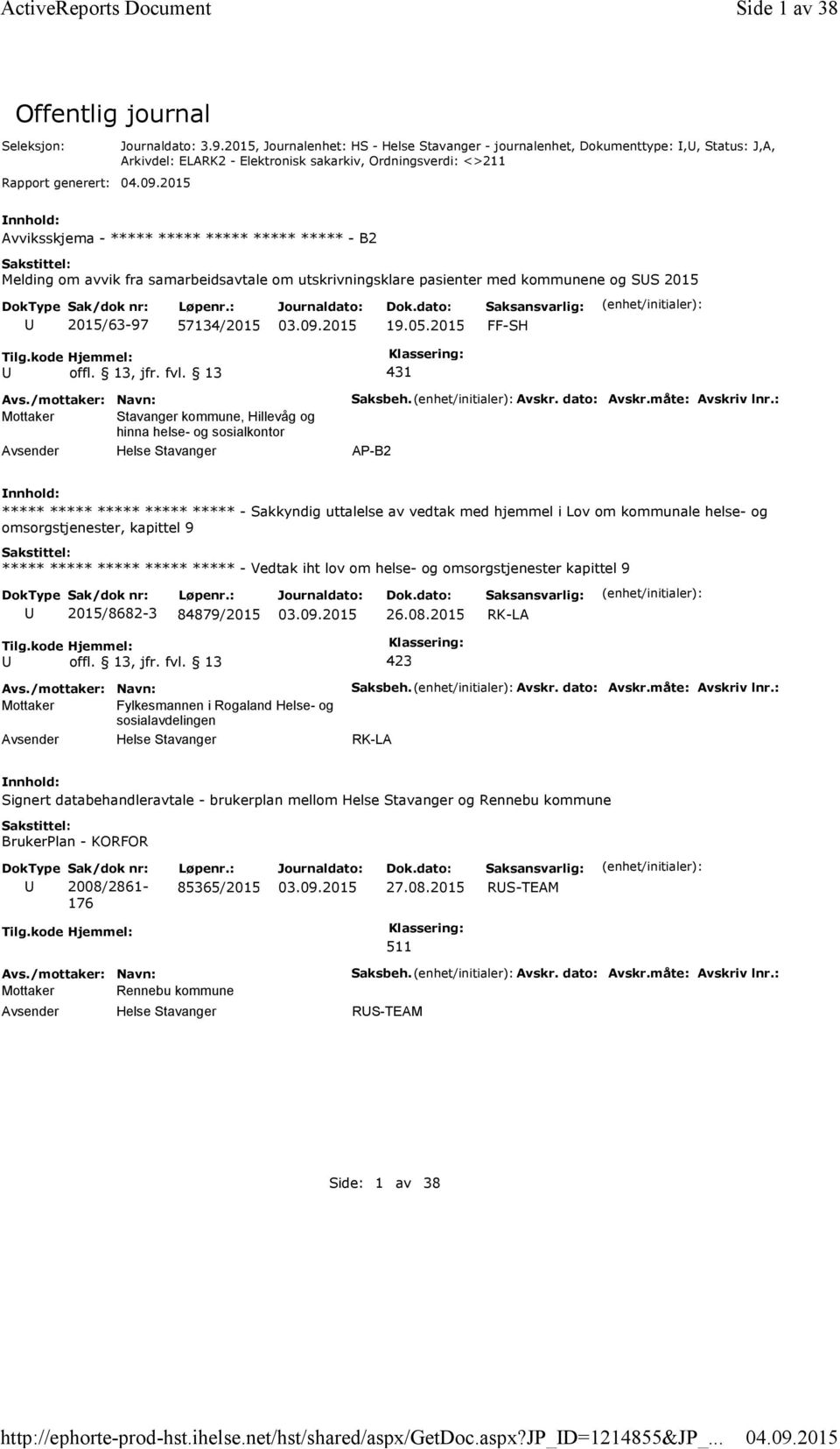 Melding om avvik fra samarbeidsavtale om utskrivningsklare pasienter med kommunene og SS 2015 2015/63-97 57134/2015 19.05.