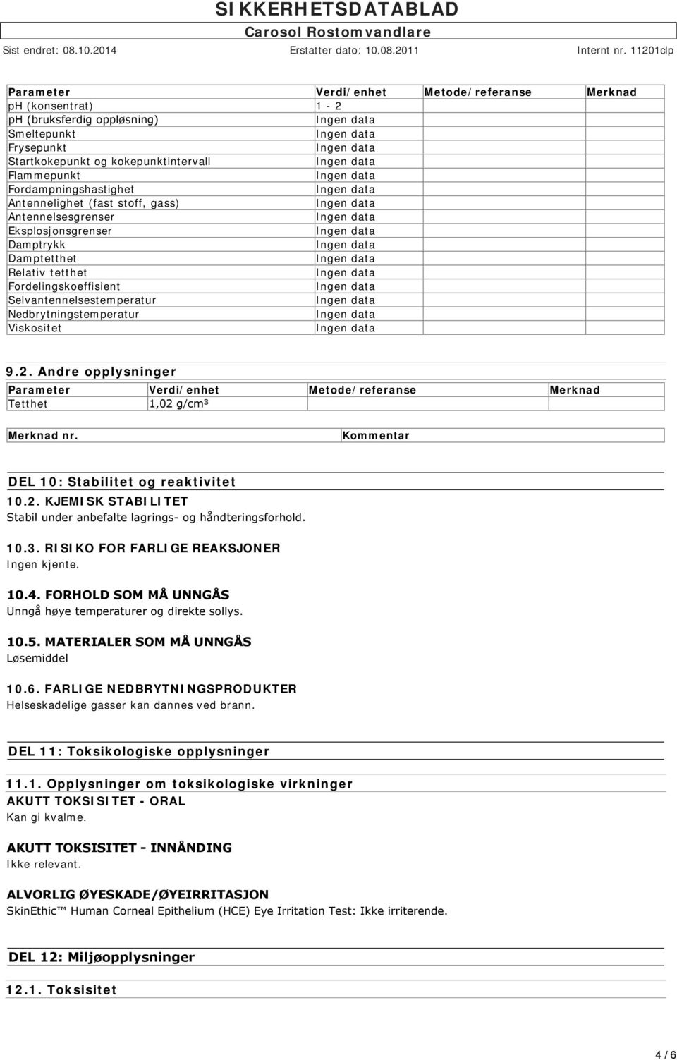 Andre opplysninger Parameter Verdi/enhet Metode/referanse Merknad Tetthet 1,02 g/cm³ Merknad nr. Kommentar DEL 10: Stabilitet og reaktivitet 10.2. KJEMISK STABILITET Stabil under anbefalte lagrings og håndteringsforhold.