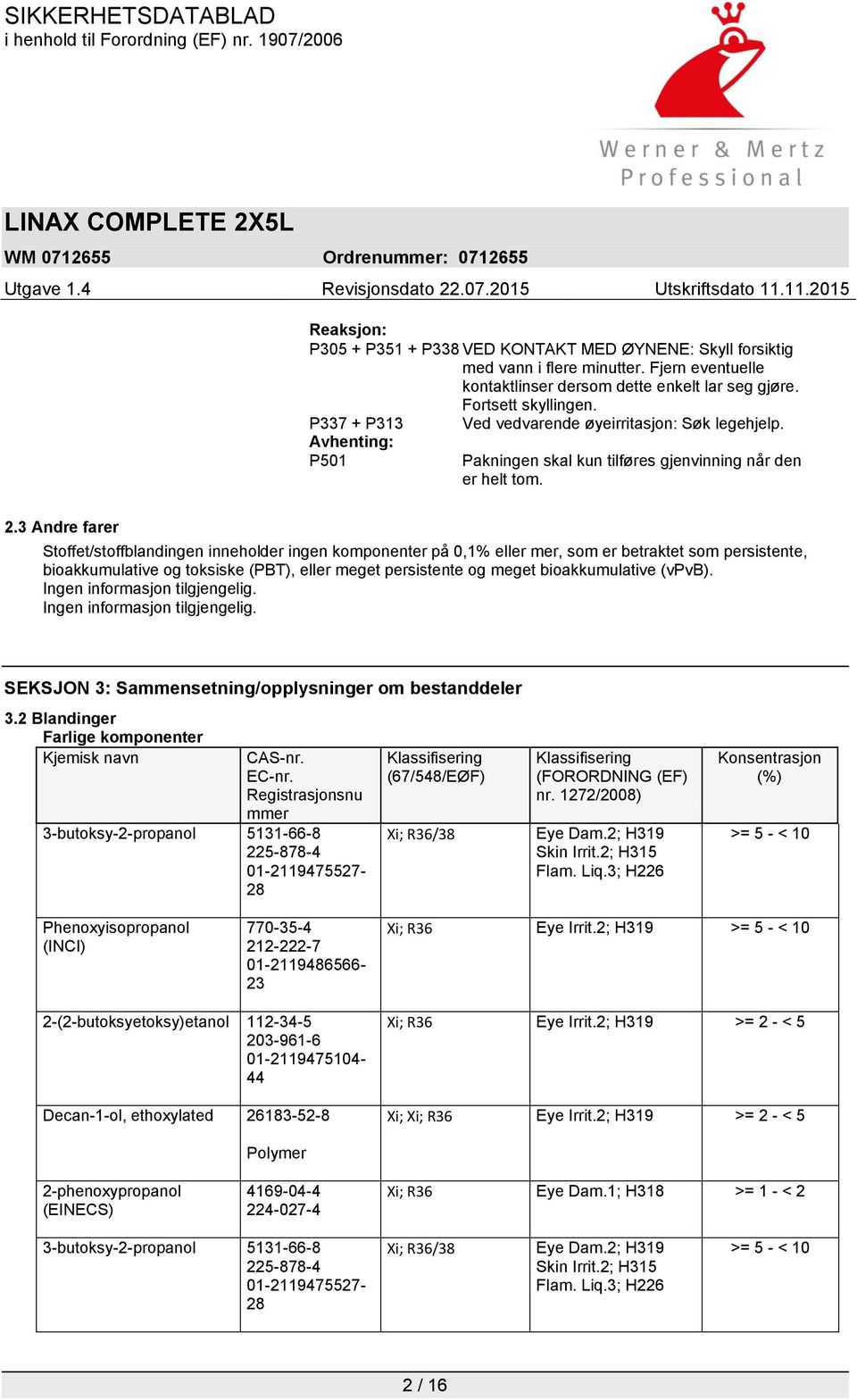 3 Andre farer Stoffet/stoffblandingen inneholder ingen komponenter på 0,1% eller mer, som er betraktet som persistente, bioakkumulative og toksiske (PBT), eller meget persistente og meget