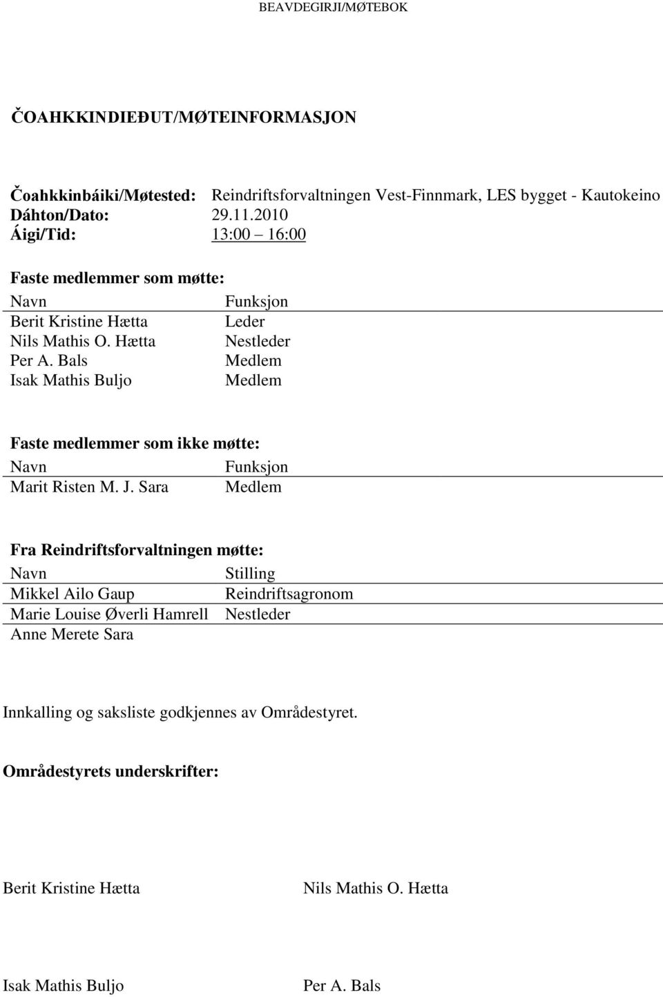 Bals Medlem Isak Mathis Buljo Medlem Faste medlemmer som ikke møtte: Navn Funksjon Marit Risten M. J.