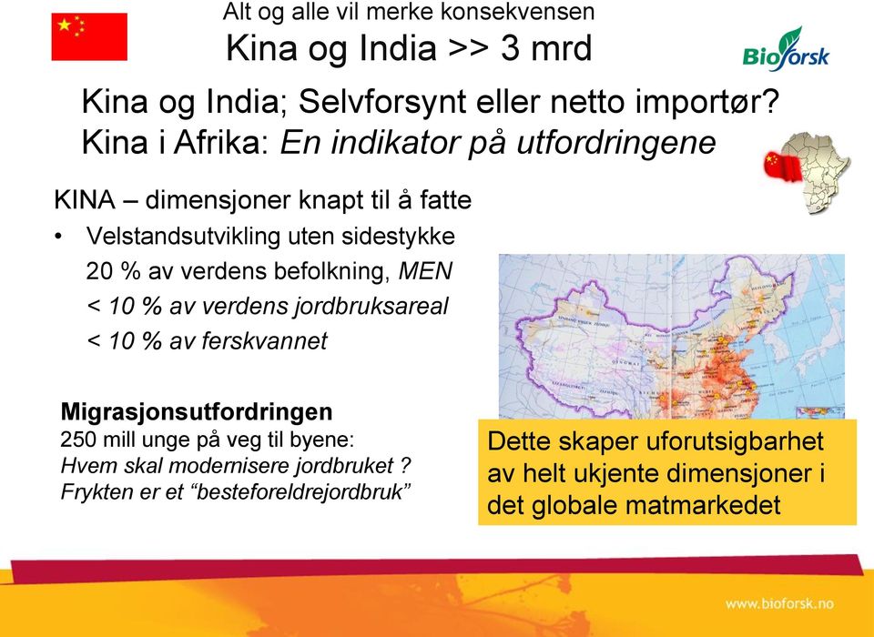 verdens befolkning, MEN < 10 % av verdens jordbruksareal < 10 % av ferskvannet Migrasjonsutfordringen 250 mill unge på veg til