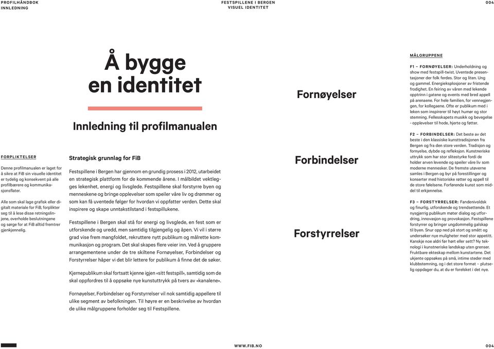 Å bygge en identitet Innledning til profilmanualen Strategisk grunnlag for FiB Festspillene i Bergen har gjennom en grundig prosess i 2012, utarbeidet en strategisk plattform for de kommende årene.