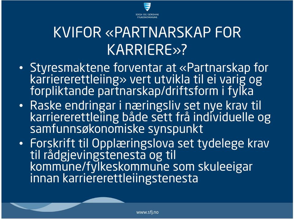 partnarskap/driftsform i fylka Raske endringar i næringsliv set nye krav til karriererettleiing både sett frå