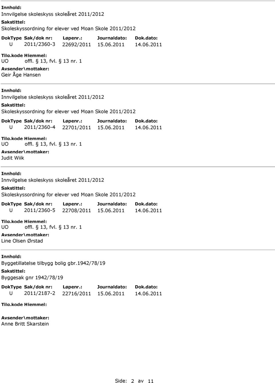 skoleåret 2011/2012 2011/2360-5 22708/2011 Line Olsen Ørstad Byggetillatelse tilbygg bolig