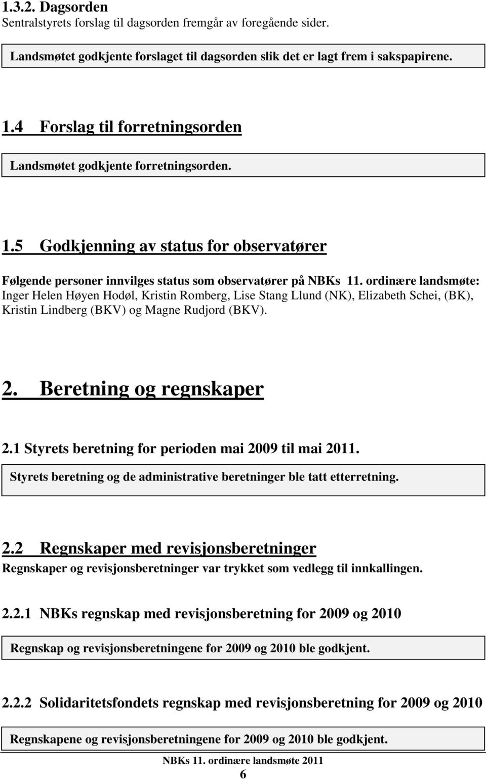 ordinære landsmøte: Inger Helen Høyen Hodøl, Kristin Romberg, Lise Stang Llund (NK), Elizabeth Schei, (BK), Kristin Lindberg (BKV) og Magne Rudjord (BKV). 2. Beretning og regnskaper 2.