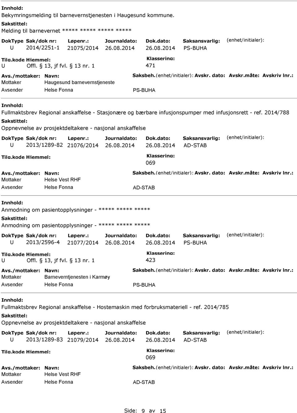 2014/788 Oppnevnelse av prosjektdeltakere - nasjonal anskaffelse 2013/1289-82 21076/2014 069 Avs./mottaker: Navn: Saksbeh. Avskr. dato: Avskr.måte: Avskriv lnr.