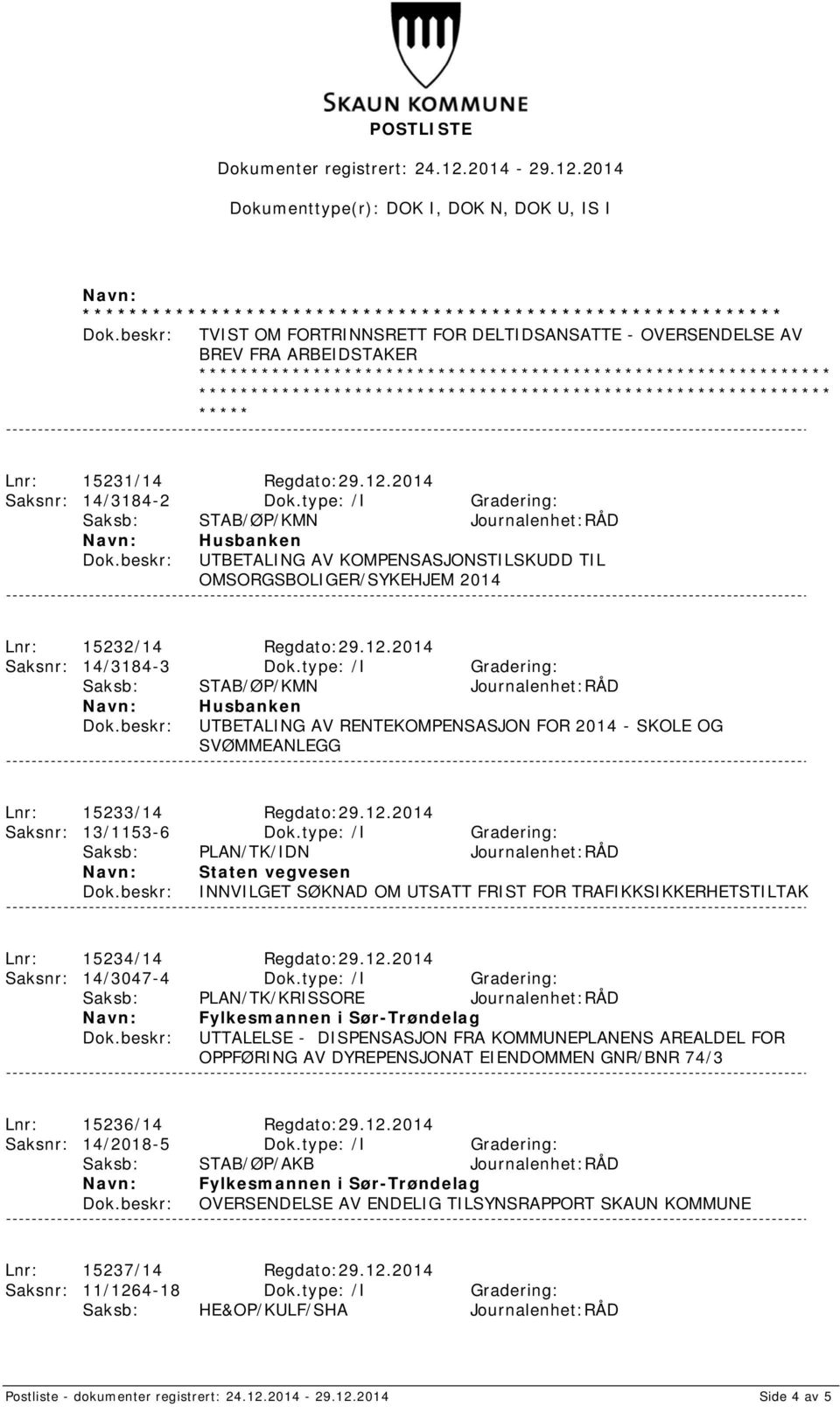 type: /I Gradering: Saksb: STAB/ØP/KMN Journalenhet:RÅD Husbanken UTBETALING AV RENTEKOMPENSASJON FOR 2014 - SKOLE OG SVØMMEANLEGG Lnr: 15233/14 Regdato:29.12.2014 Saksnr: 13/1153-6 Dok.