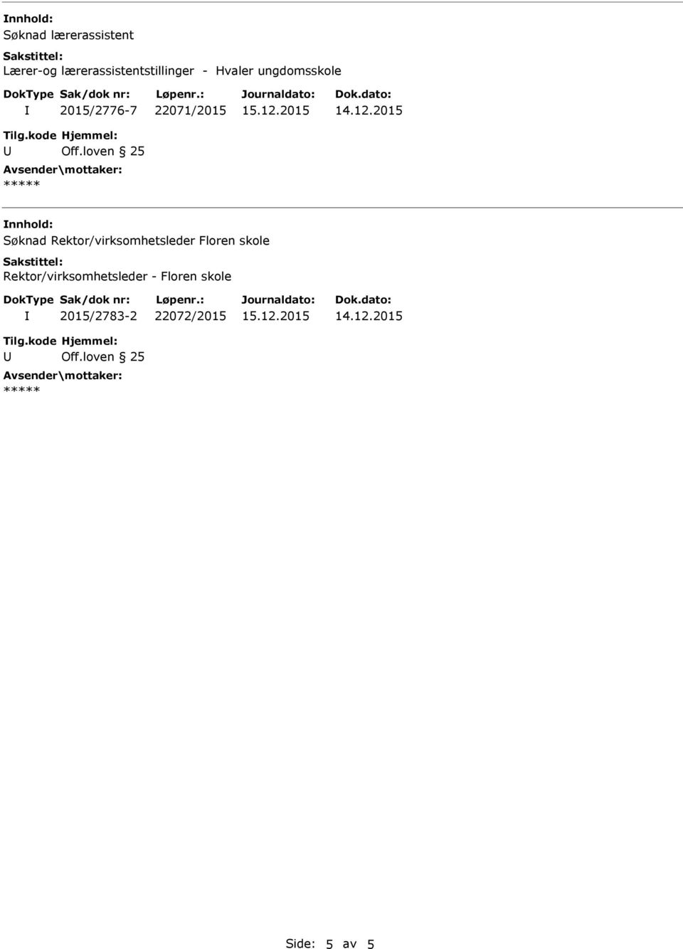 22071/2015 nnhold: Søknad Rektor/virksomhetsleder Floren