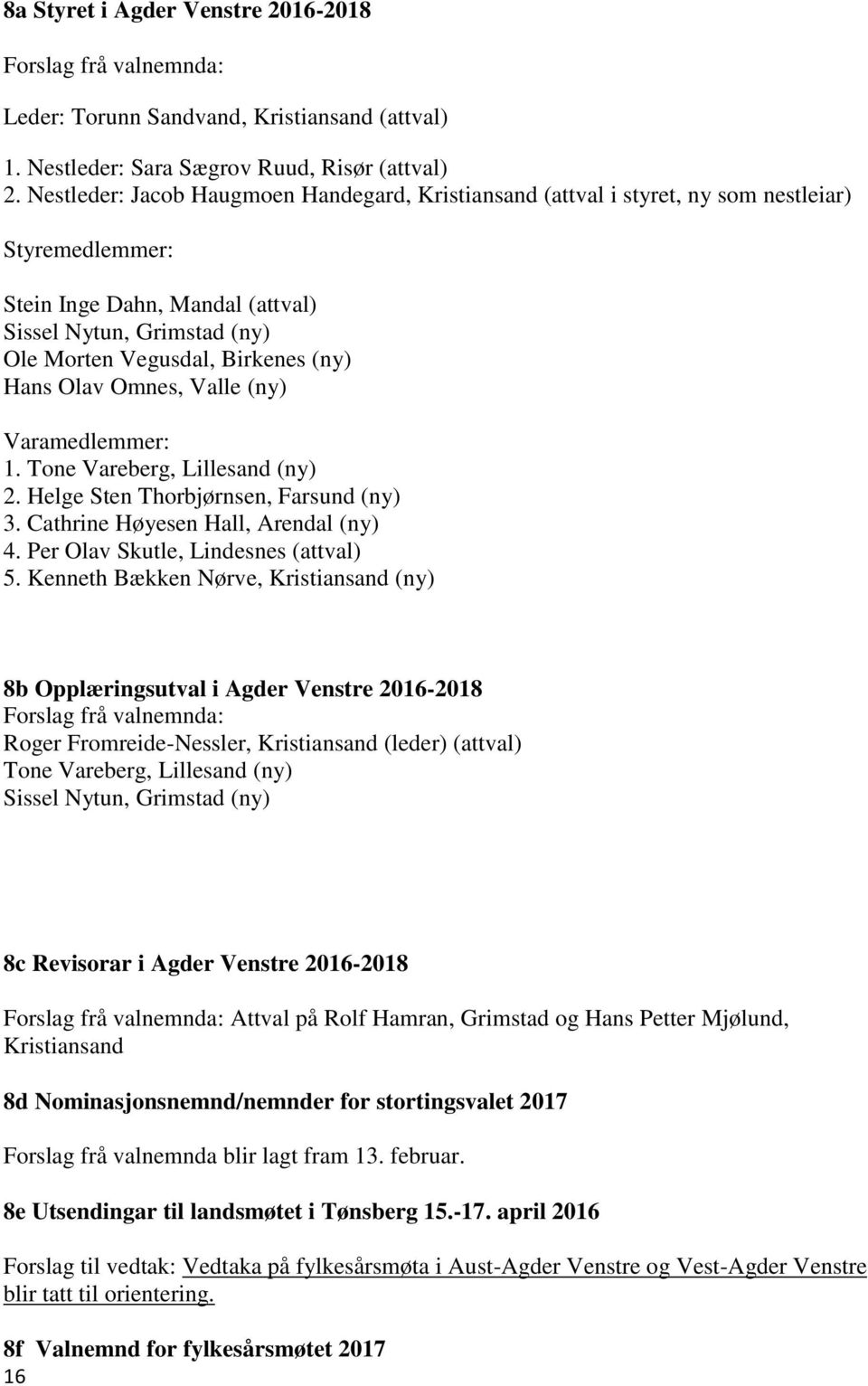 Hans Olav Omnes, Valle (ny) Varamedlemmer: 1. Tone Vareberg, Lillesand (ny) 2. Helge Sten Thorbjørnsen, Farsund (ny) 3. Cathrine Høyesen Hall, Arendal (ny) 4. Per Olav Skutle, Lindesnes (attval) 5.