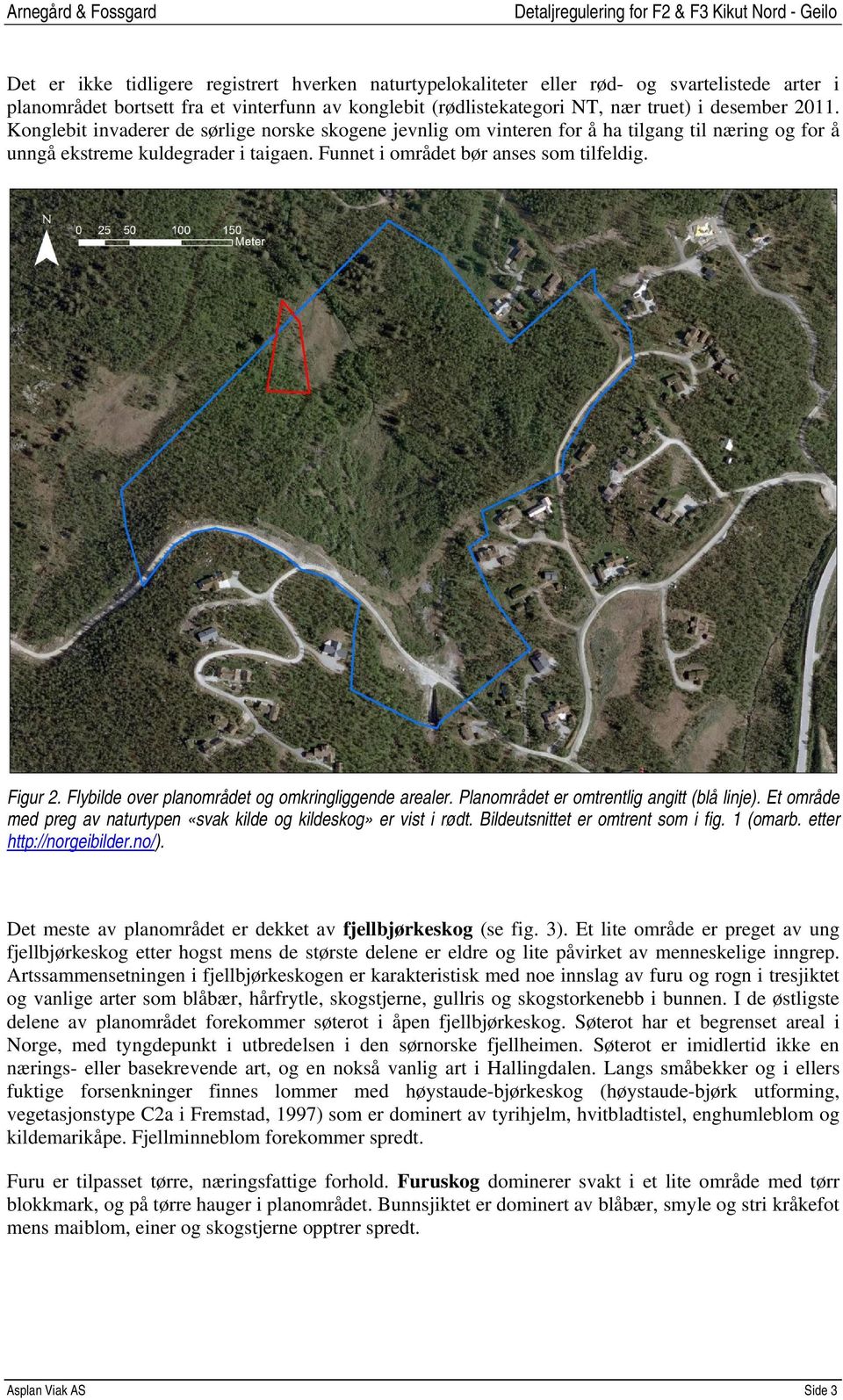 Flybilde over planområdet og omkringliggende arealer. Planområdet er omtrentlig angitt (blå linje). Et område med preg av naturtypen «svak kilde og kildeskog» er vist i rødt.