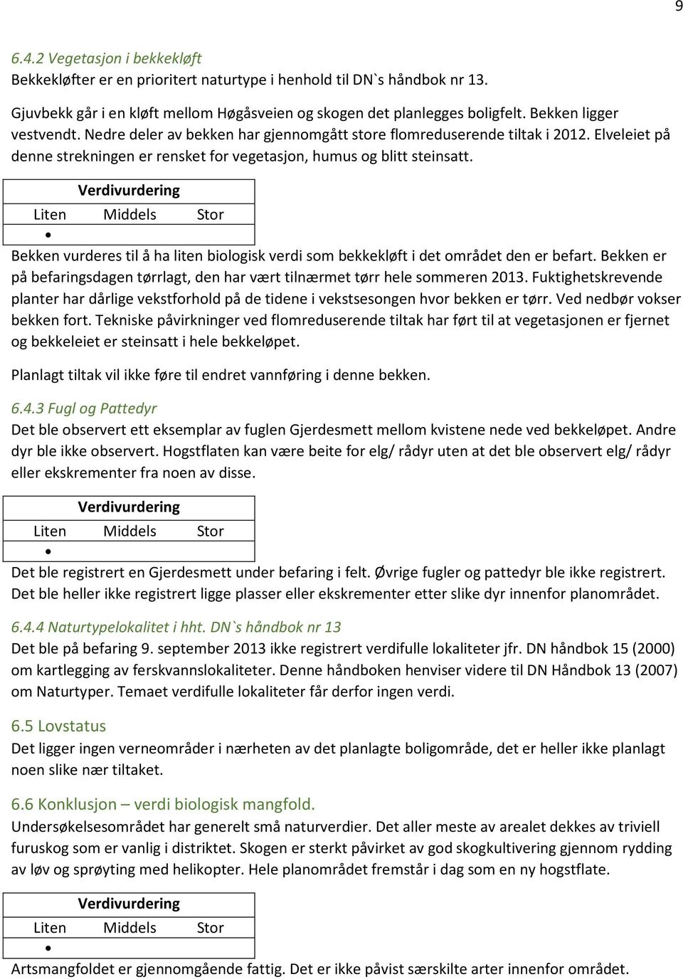 Verdivurdering Liten Middels Stor Bekken vurderes til å ha liten biologisk verdi som bekkekløft i det området den er befart.