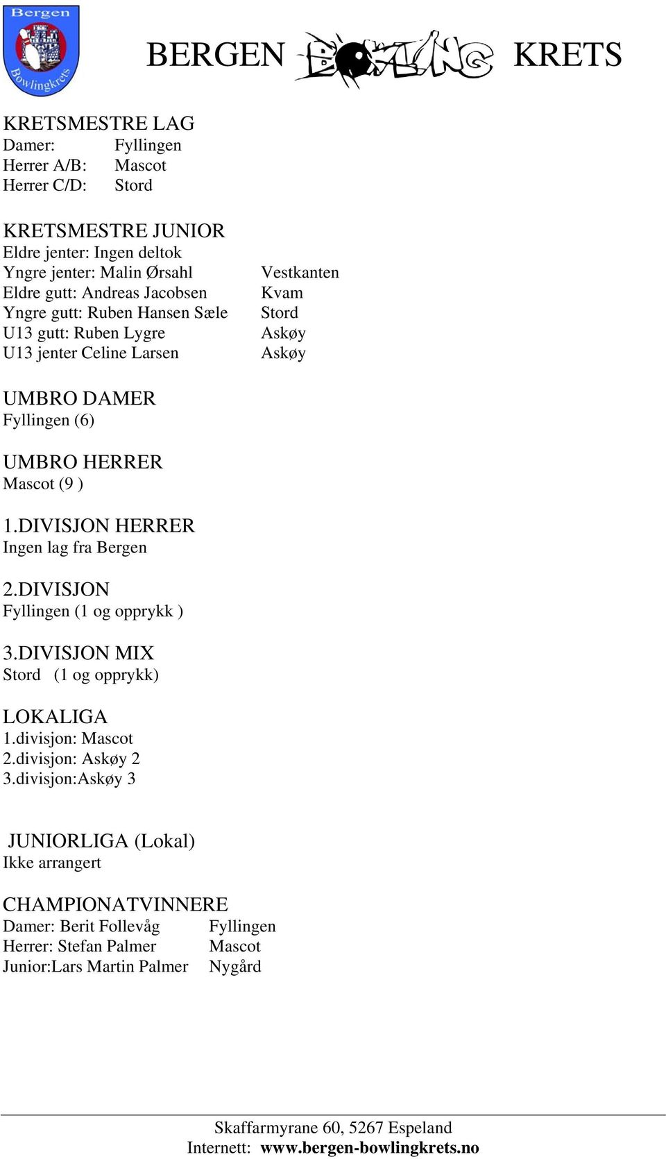 DIVISJON HERRER Ingen lag fra Bergen 2.DIVISJON Fyllingen (1 og opprykk ) 3.DIVISJON MIX Stord (1 og opprykk) LOKALIGA 1.divisjon: Mascot 2.divisjon: Askøy 2 3.