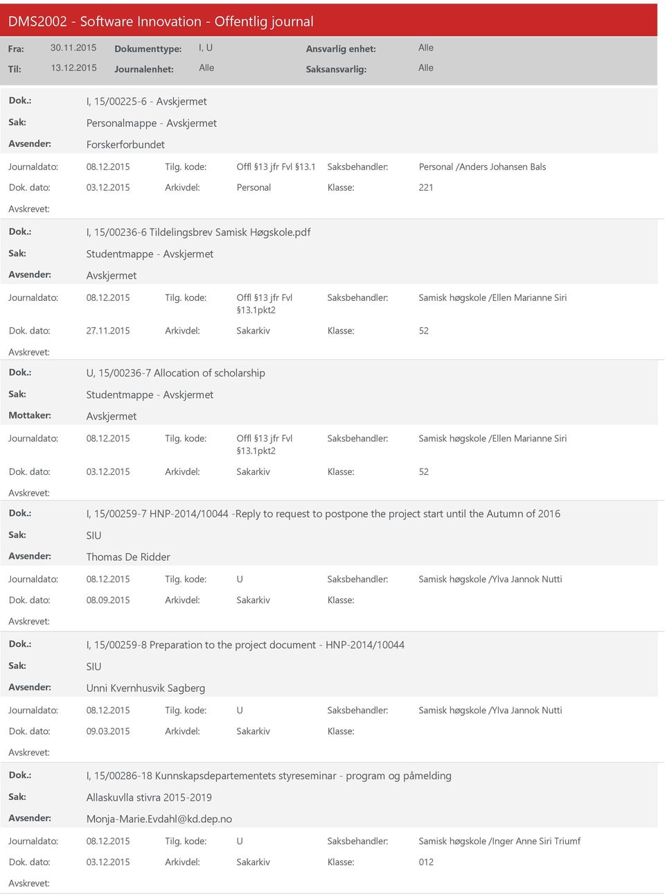 2015 I, 15/00259-7 HNP-2014/10044 -Reply to request to postpone the project start until the Autumn of 2016 SI Thomas De Ridder Samisk høgskole /Ylva Jannok Nutti 08.09.