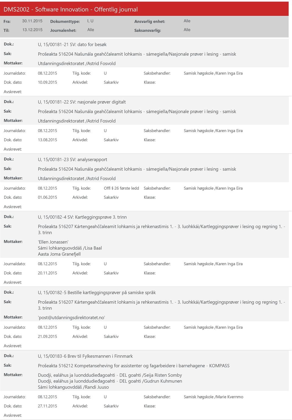 2015, 15/00181-22 SV: nasjonale prøver digitalt Prošeakta 516204 Našunála geahččaleamit lohkamis - sámegiella/nasjonale prøver i lesing - samisk tdanningsdirektoratet /Astrid Fosvold Samisk høgskole