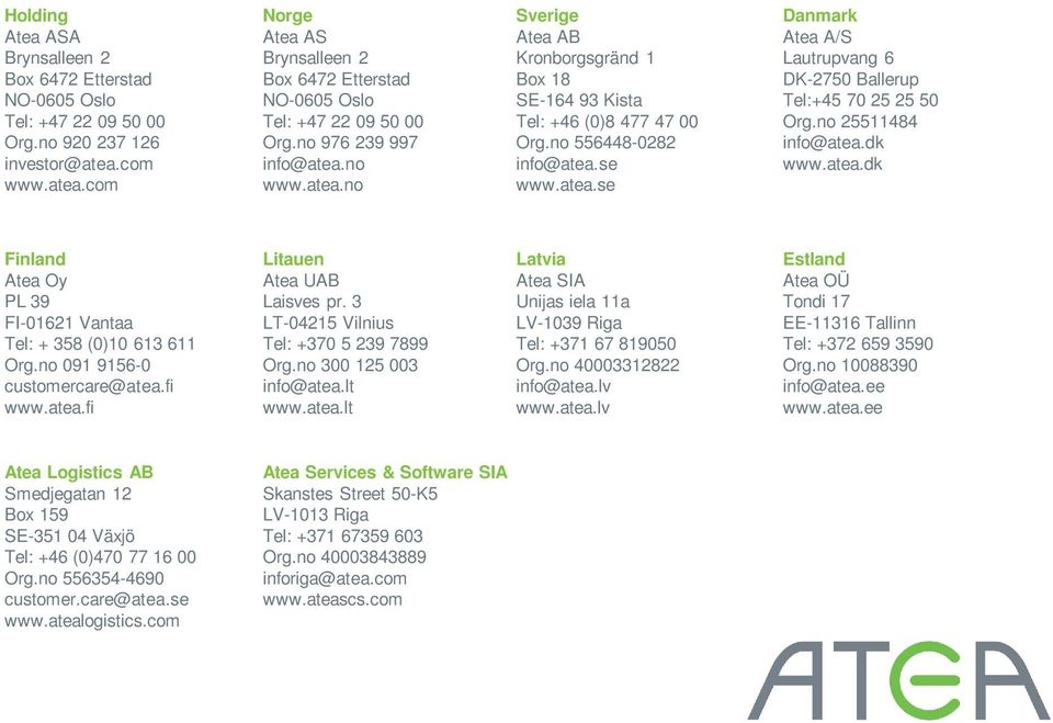 no 556448-0282 info@atea.se www.atea.se Danmark Atea A/S Lautrupvang 6 DK-2750 Ballerup Tel:+45 70 25 25 50 Org.no 25511484 info@atea.dk www.atea.dk Finland Atea Oy PL 39 FI-01621 Vantaa Tel: + 358 (0)10 613 611 Org.