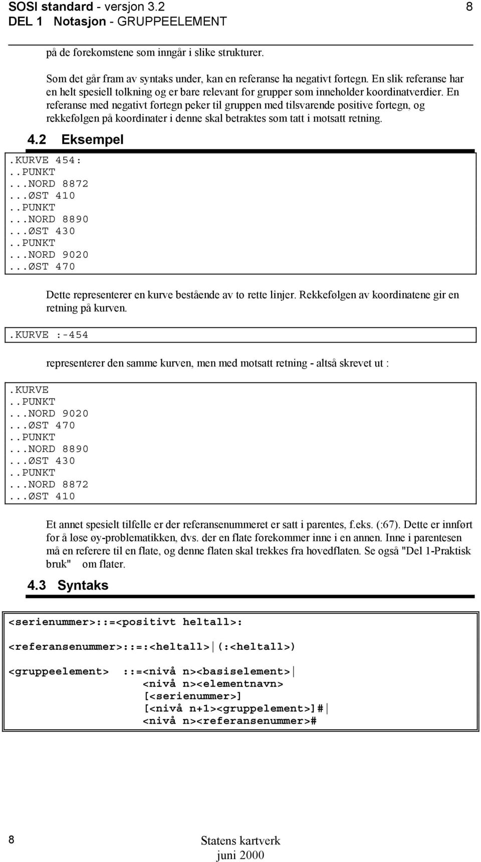 En referanse med negativt fortegn peker til gruppen med tilsvarende positive fortegn, og rekkefølgen på koordinater i denne skal betraktes som tatt i motsatt retning. 4.2 Eksempel.KURVE 454:..PUNKT.