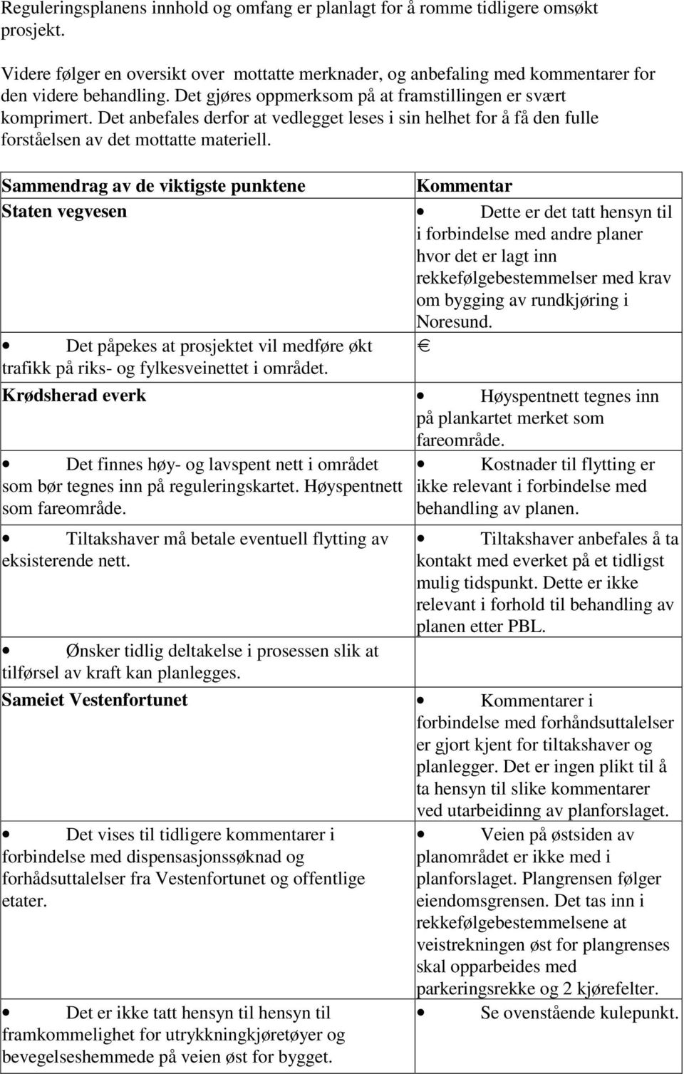 Sammendrag av de viktigste punktene Kommentar Staten vegvesen Dette er det tatt hensyn til i forbindelse med andre planer hvor det er lagt inn rekkefølgebestemmelser med krav om bygging av