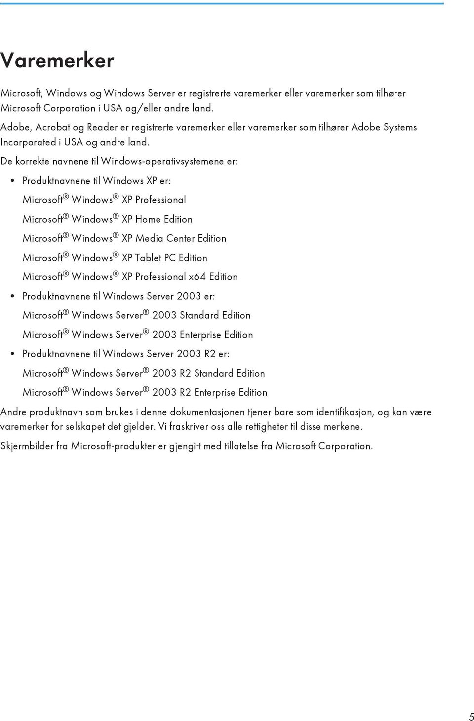 De korrekte navnene til Windows-operativsystemene er: Produktnavnene til Windows XP er: Microsoft Windows XP Professional Microsoft Windows XP Home Edition Microsoft Windows XP Media Center Edition