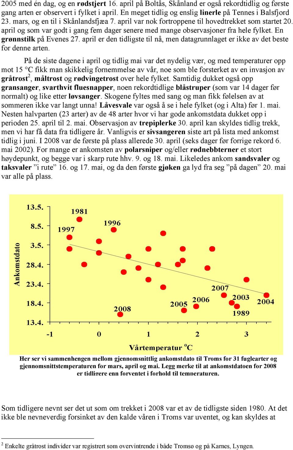 En grønnstilk på Evenes 27. april er den tidligste til nå, men datagrunnlaget er ikke av det beste for denne arten.