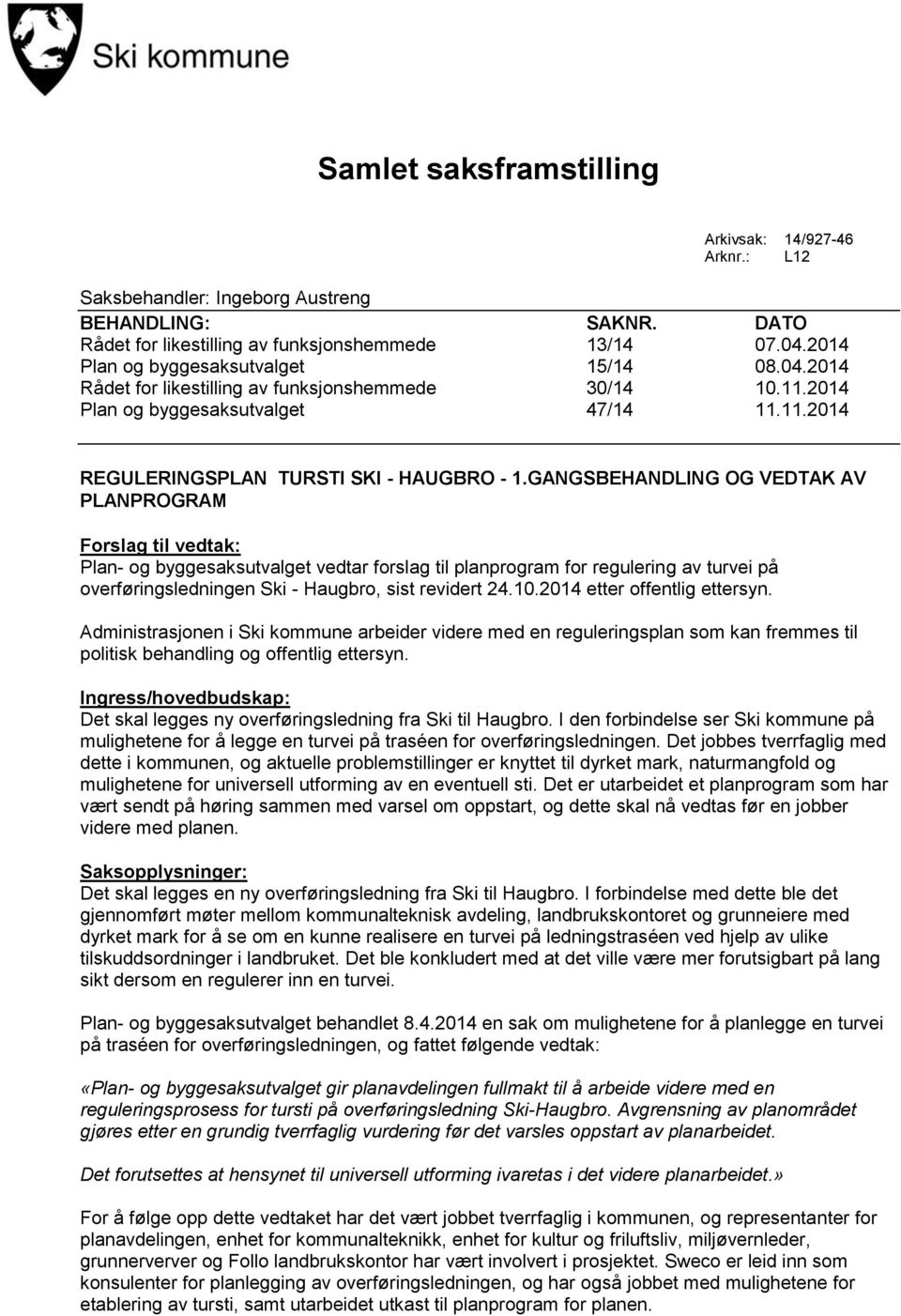 GANGSBEHANDLING OG VEDTAK AV PLANPROGRAM Forslag til vedtak: Plan- og byggesaksutvalget vedtar forslag til planprogram for regulering av turvei på overføringsledningen Ski - Haugbro, sist revidert 24.
