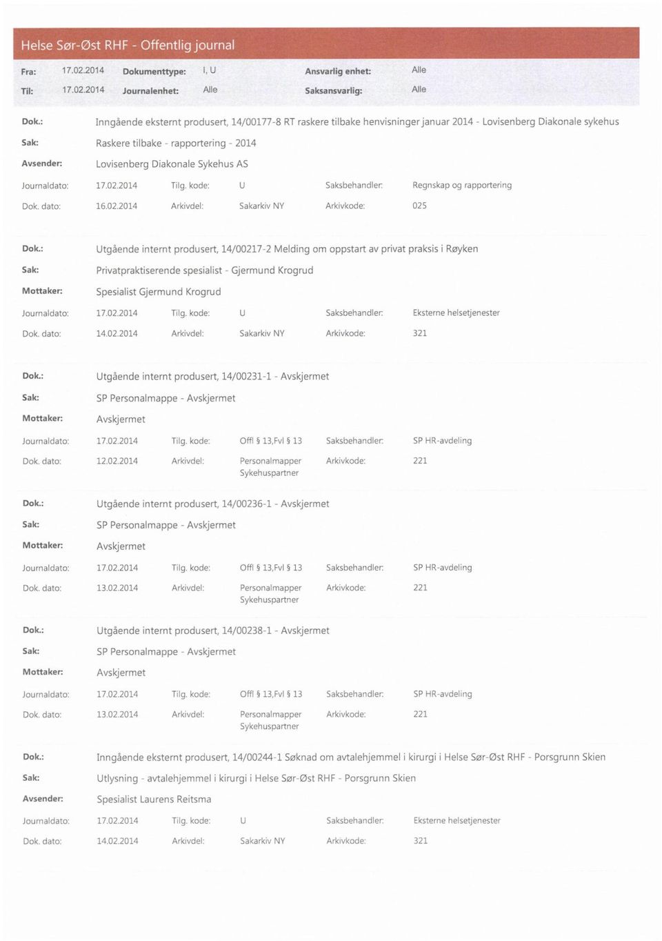 Journaldato: 17.02.2014 T Ig. kode: U Saksbehandler: Regnskap og rapportering Dok. dato: 16.02.2014 Arkivdel: Sakarkiv NY Arkivkode: 025 Dok.