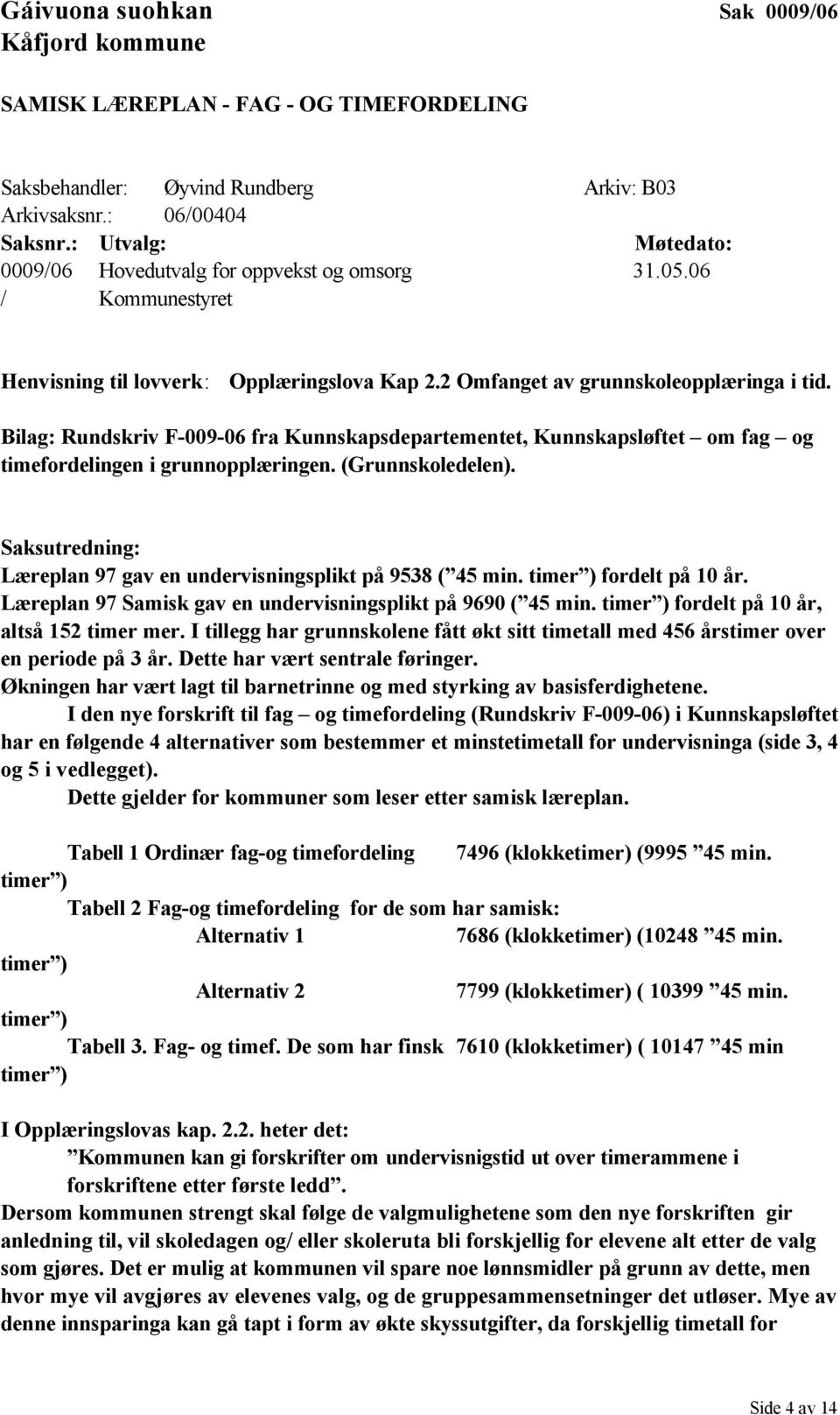 Bilag: Rundskriv F-009-06 fra Kunnskapsdepartementet, Kunnskapsløftet om fag og timefordelingen i grunnopplæringen. (Grunnskoledelen).