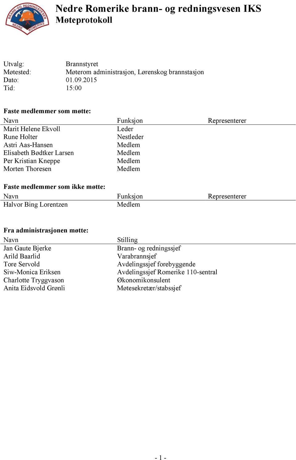 Kneppe Morten Thoresen Faste medlemmer som ikke møtte: Navn Funksjon Representerer Halvor Bing Lorentzen Fra administrasjonen møtte: Navn Jan Gaute Bjerke Arild Baarlid Tore